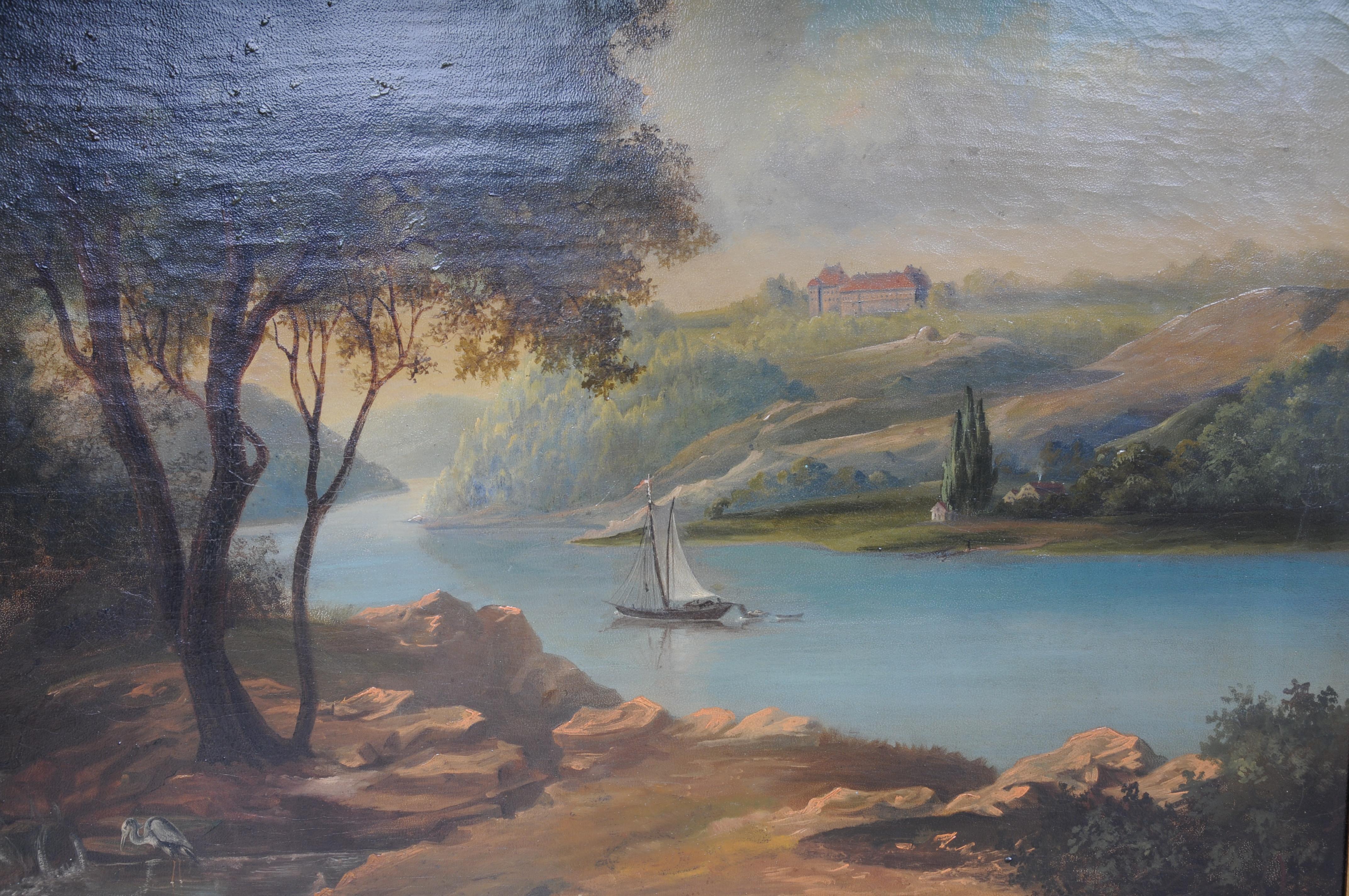 Oil painting idyllic river landscape/romantic scene 19th century For Sale 3