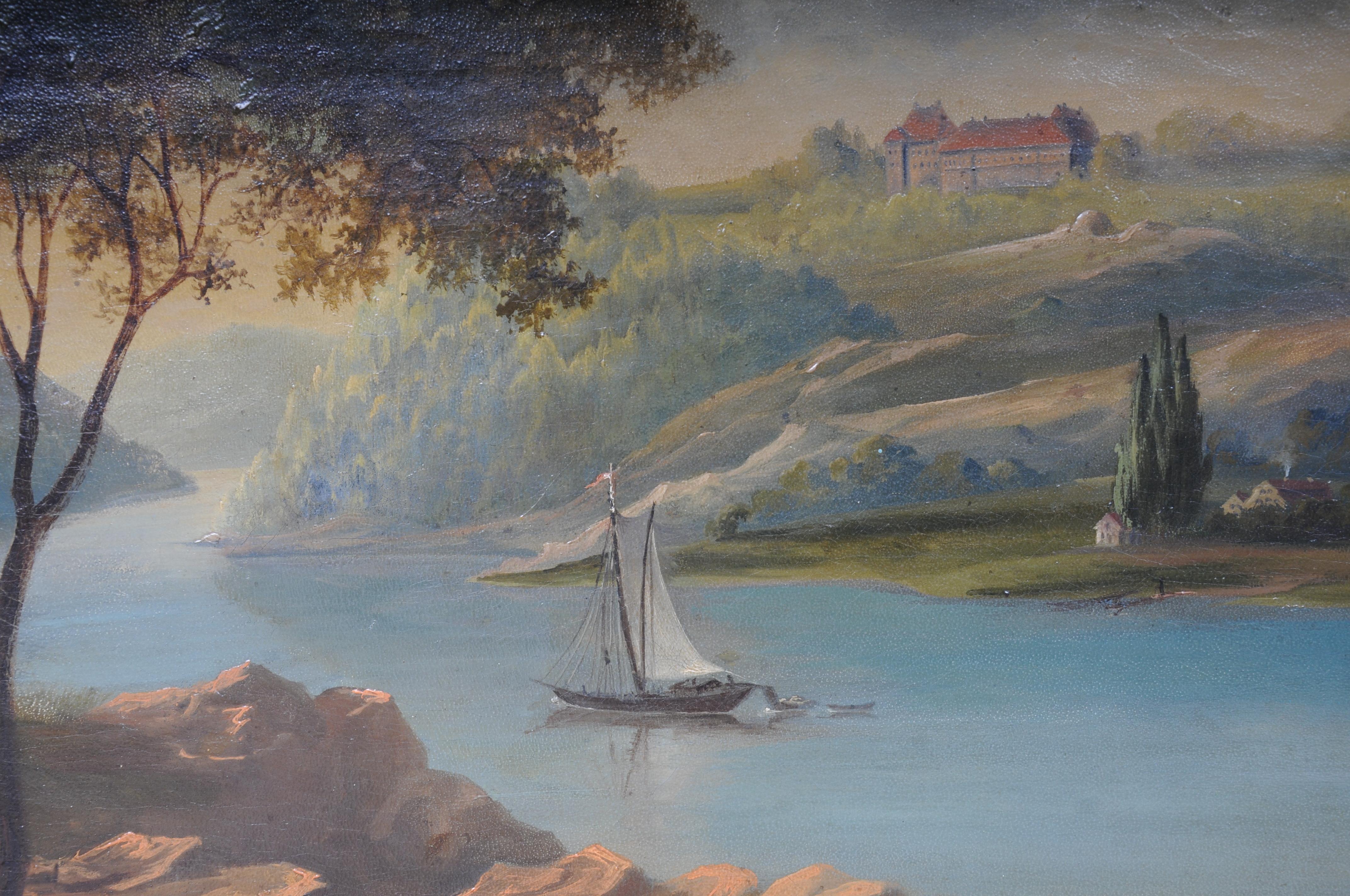 Oil painting idyllic river landscape/romantic scene 19th century For Sale 4