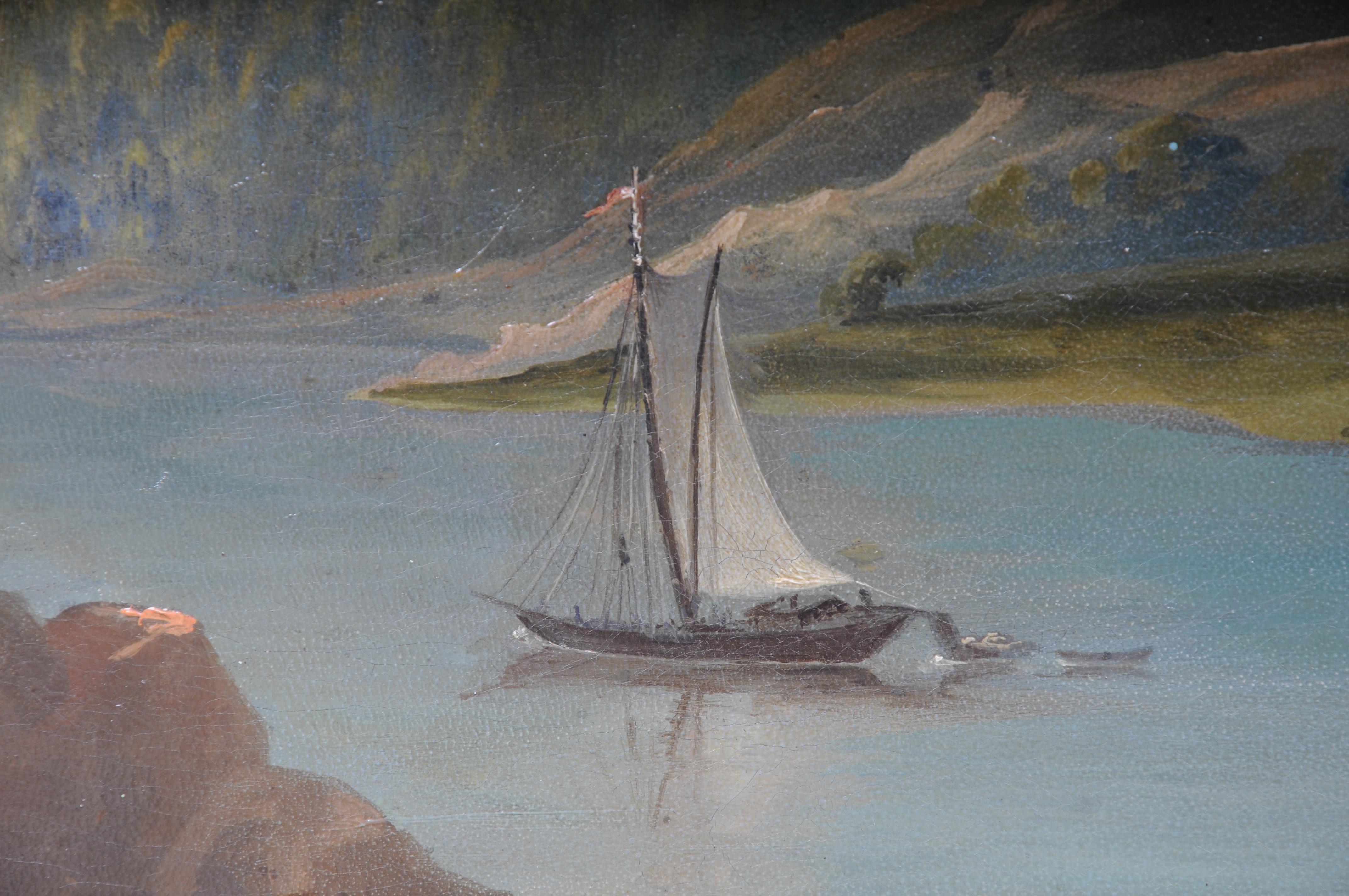 Oil painting idyllic river landscape/romantic scene 19th century For Sale 5