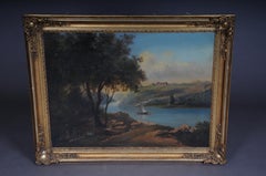 Oil painting idyllic river landscape/romantic scene 19th century