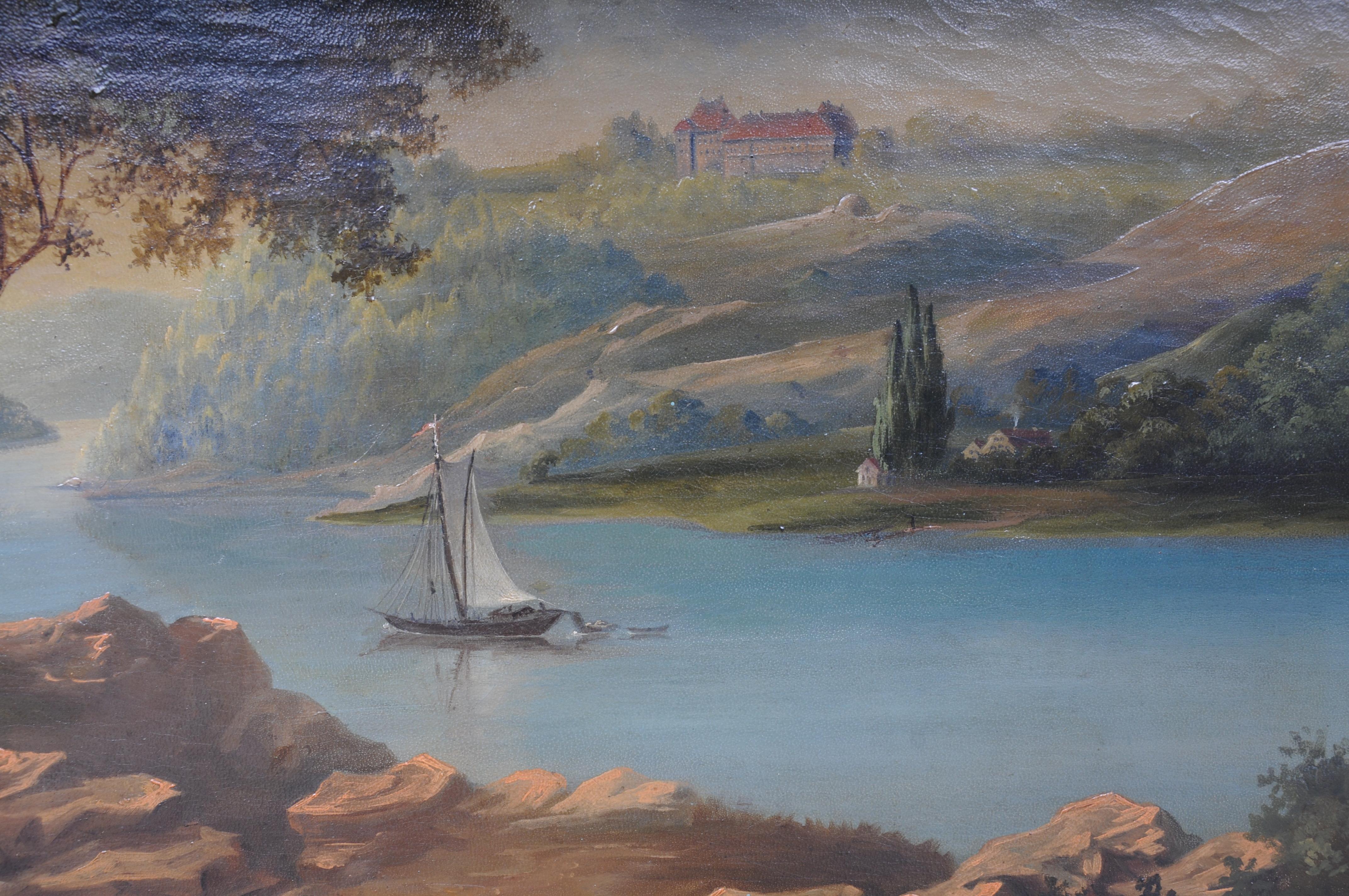 Ölgemälde idyllische Flusslandschaft/romantische Szene, 19. Jahrhundert (Deutsch) im Angebot