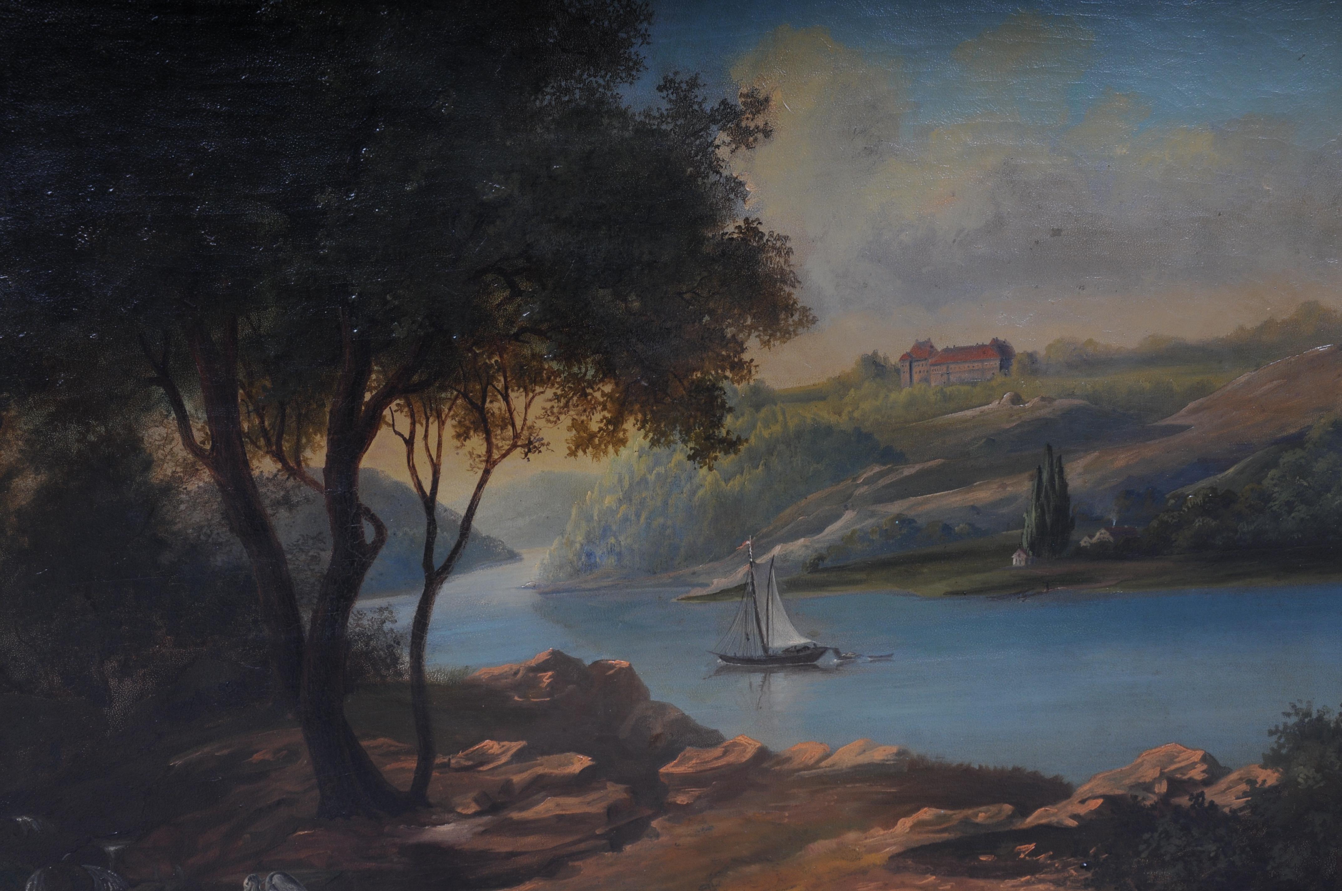 Ölgemälde idyllische Flusslandschaft/romantische Szene, 19. Jahrhundert (Leinwand) im Angebot