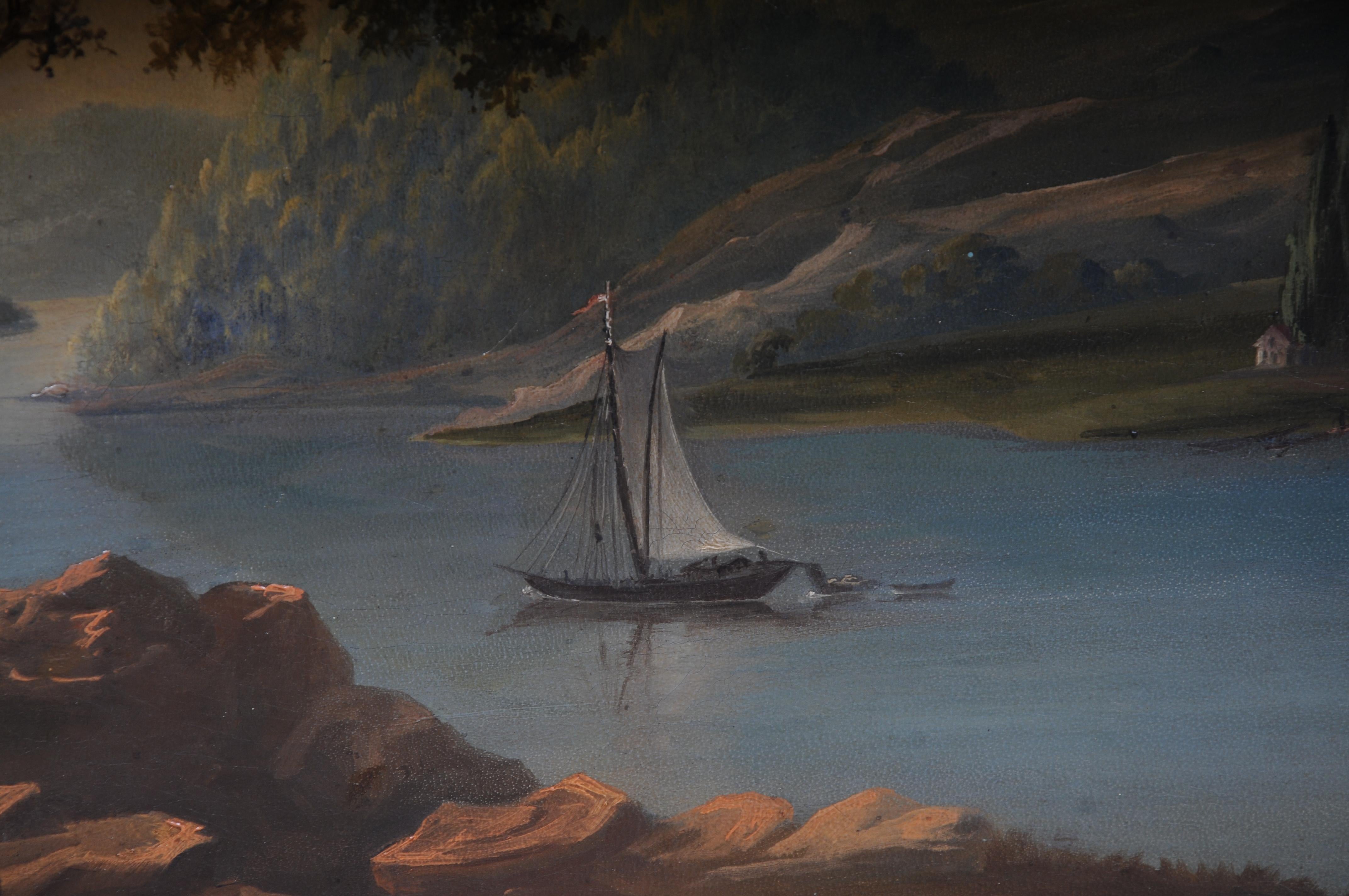 Canvas Oil painting idyllic river landscape/romantic scene 19th century For Sale