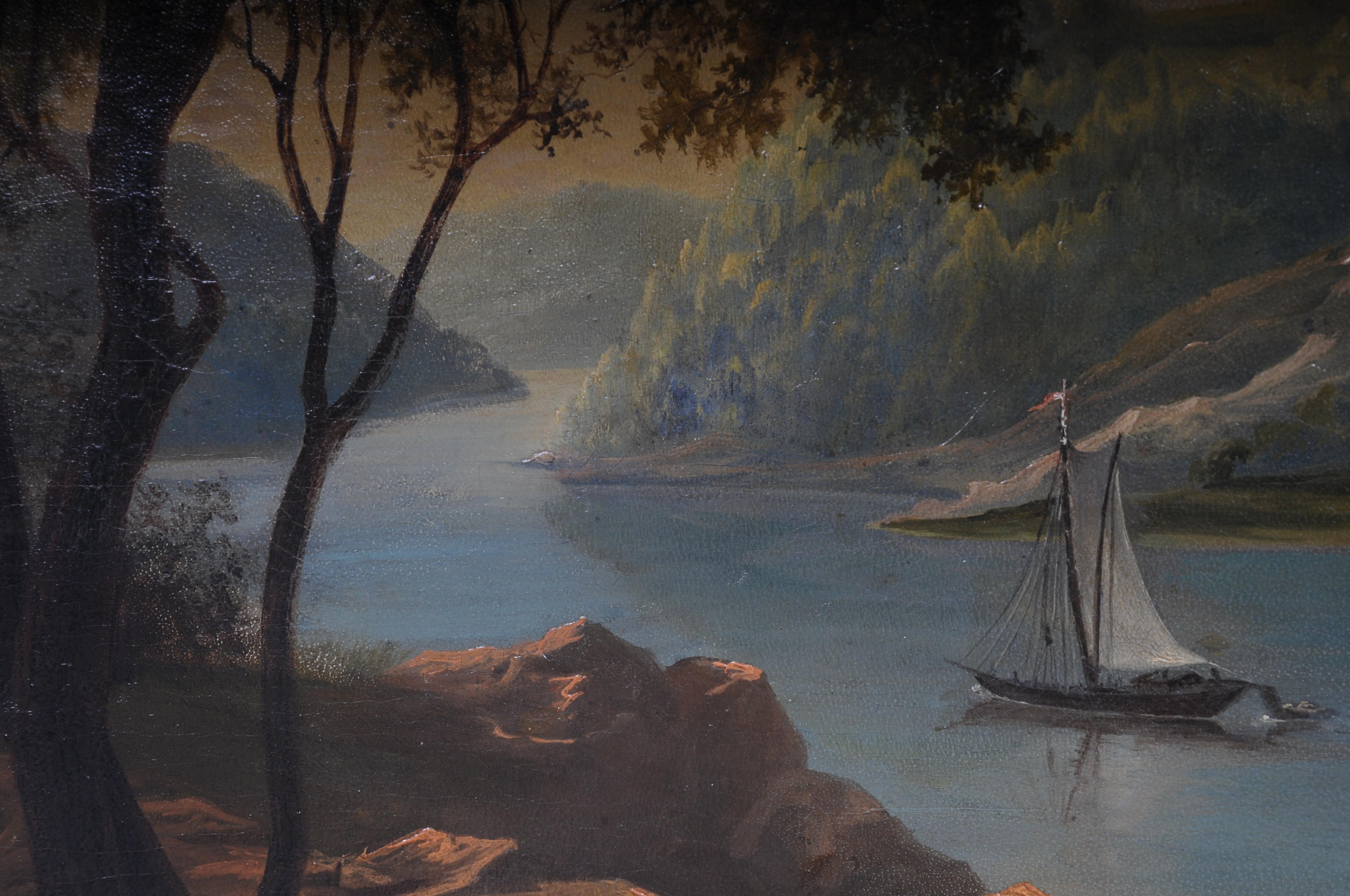 Oil painting idyllic river landscape/romantic scene 19th century For Sale 1