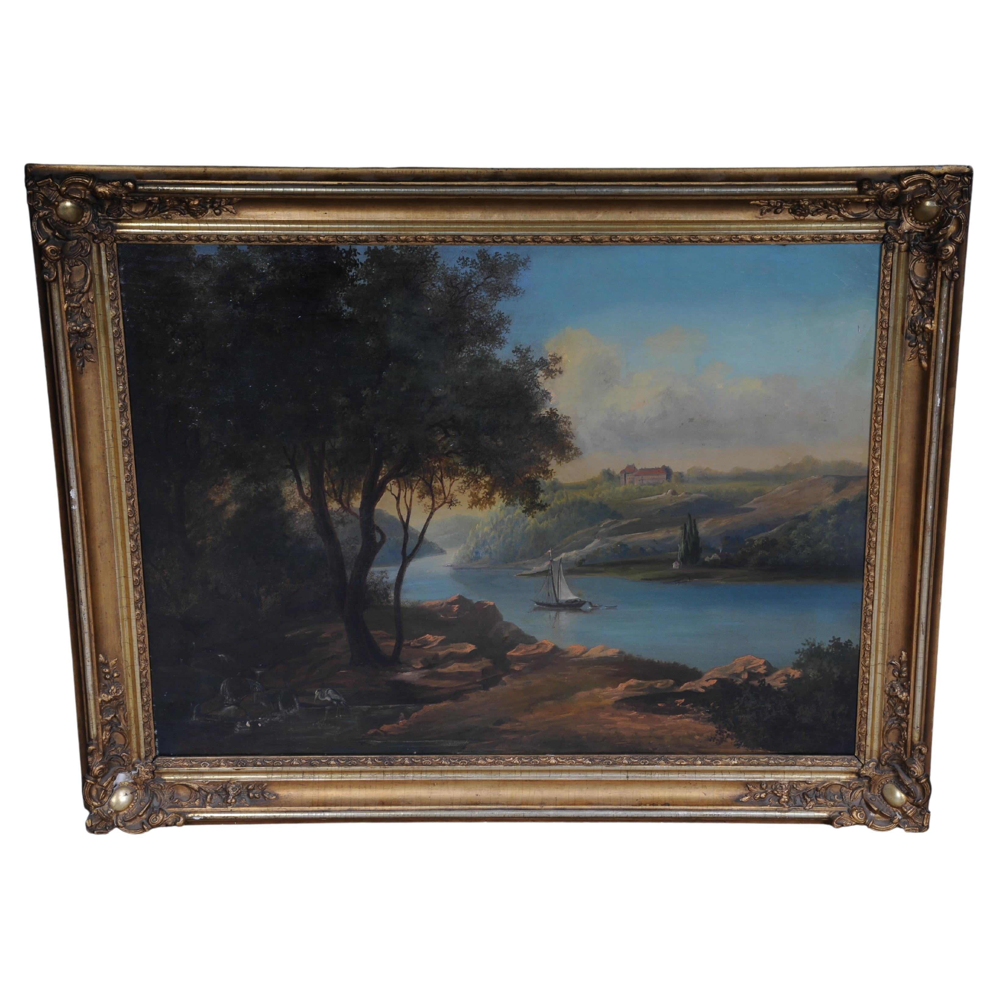 Pittura ad olio paesaggio fluviale idilliaco/scena romantica XIX secolo