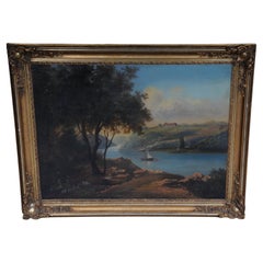 Peinture à l'huile - Paysage idyllique de rivière/scène romantique 19ème siècle