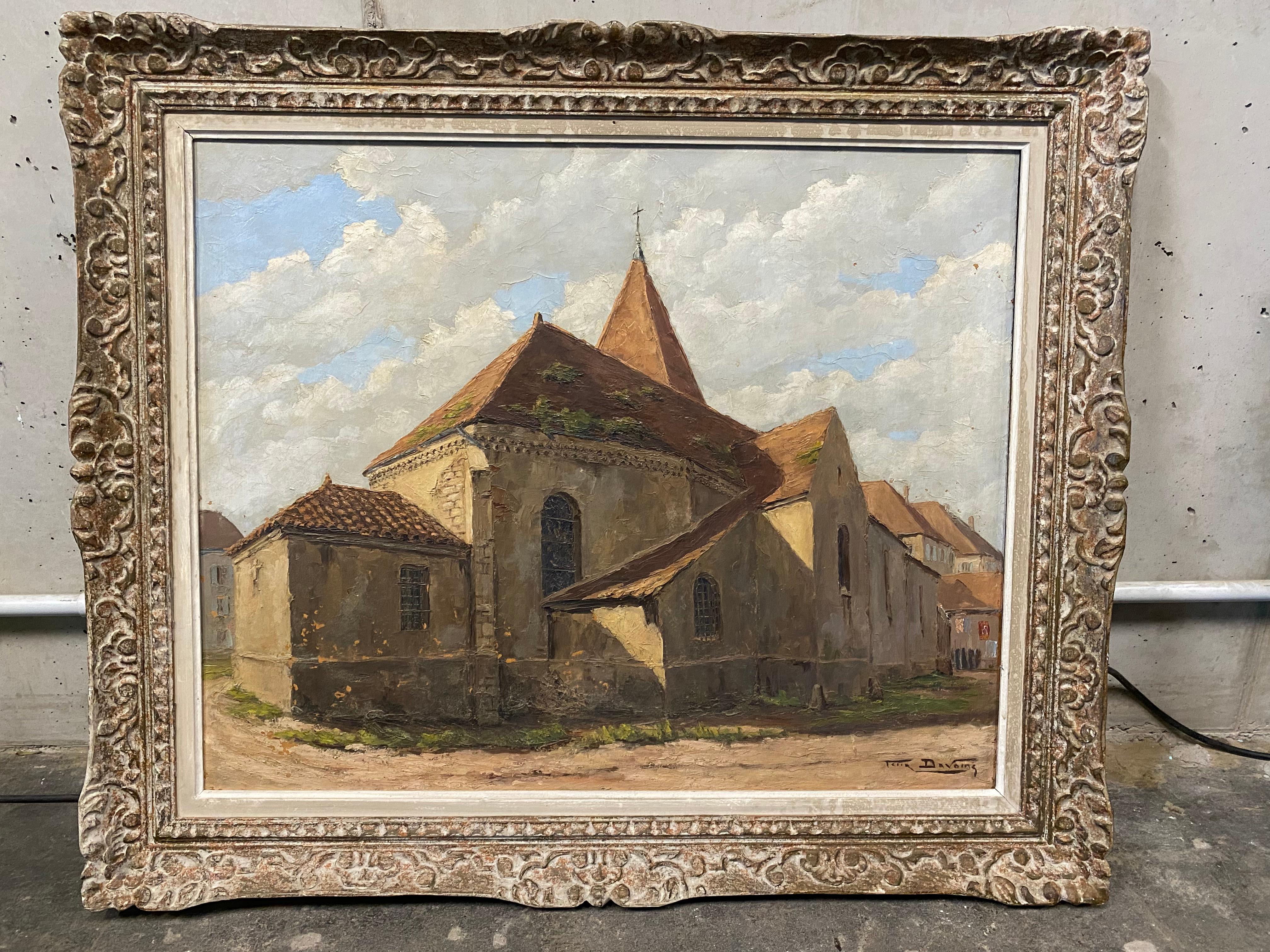 Large oil painting in impressionist frame with a view of a church

Large oil painting in impressionist frame with a view of a church. The painting is in a beautiful carved wooden frame with original paintwork.
The picture was painted by Felix