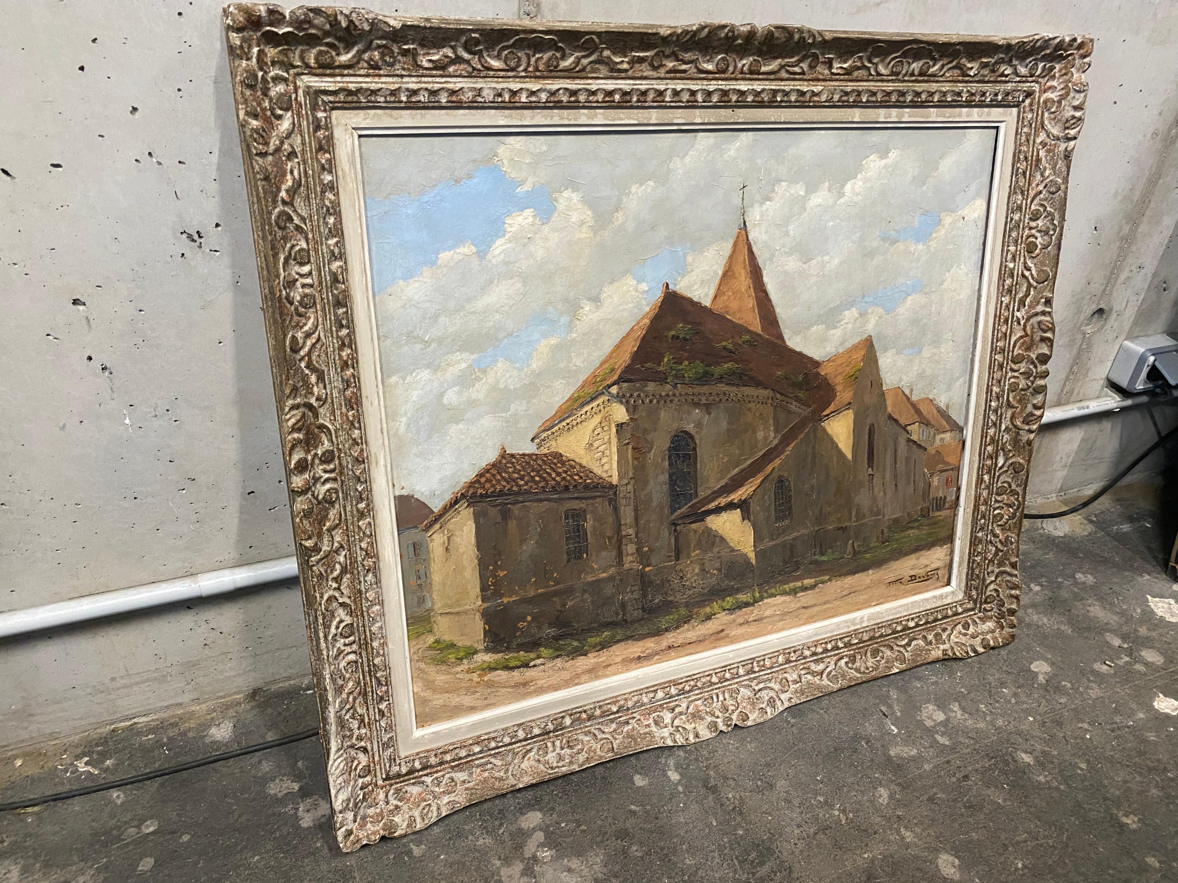 Wood Oil Painting in Impressionist Frame with a View of a Church of Felix Davoine For Sale