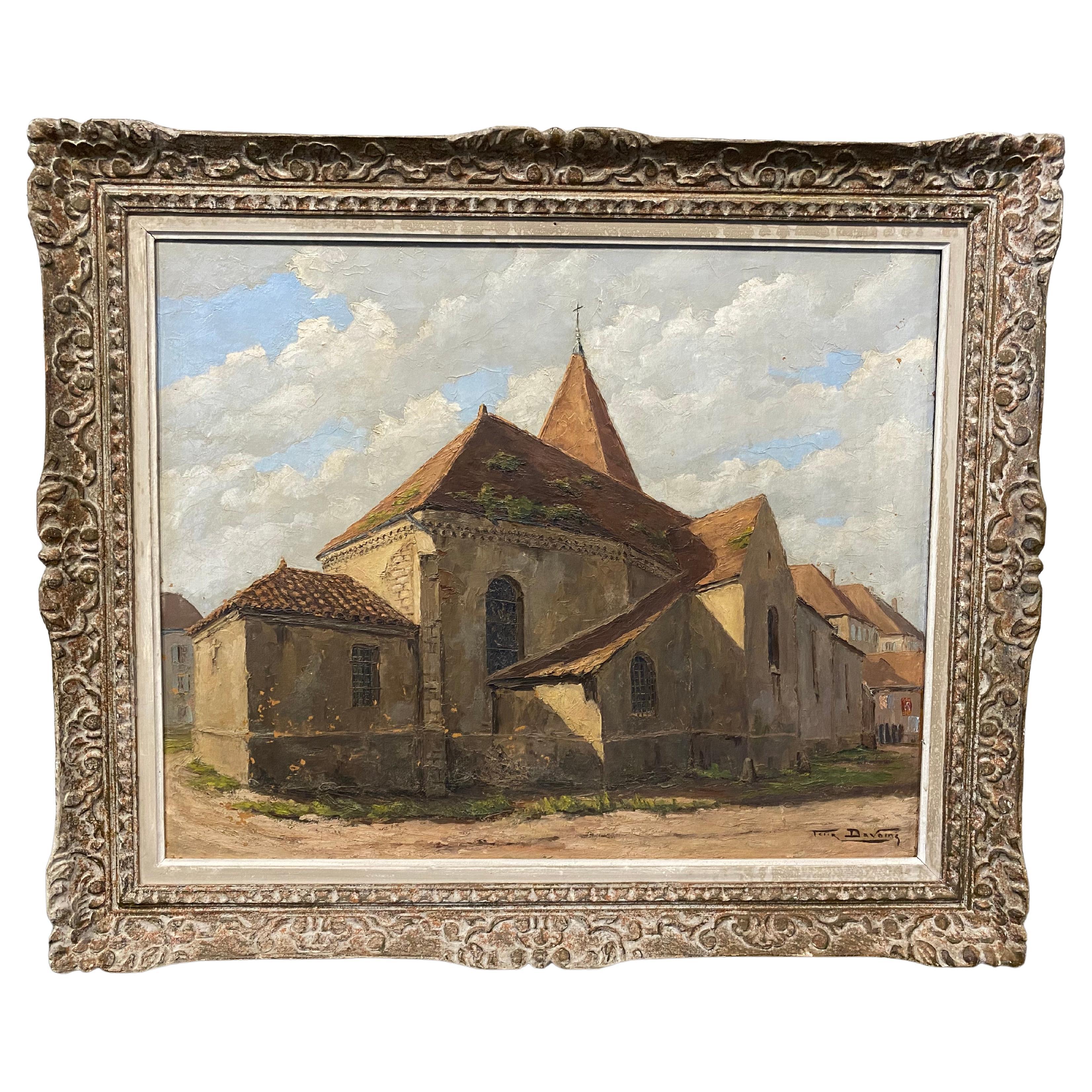 Peinture à l'huile dans un cadre impressionniste avec une vue d'une église de Felix Davoine