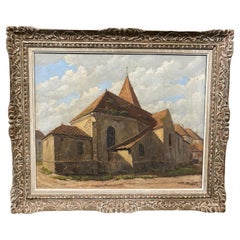 Antique Oil Painting in Impressionist Frame with a View of a Church of Felix Davoine