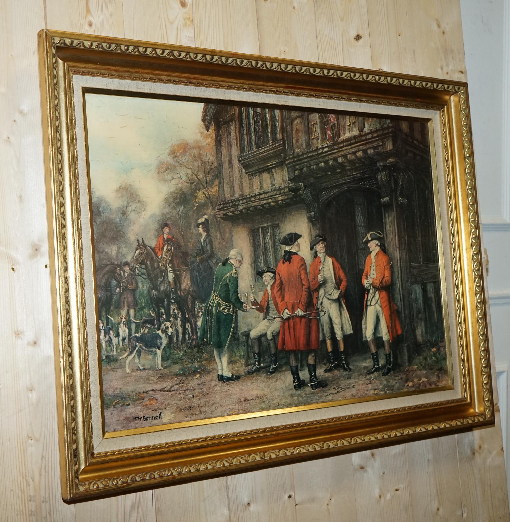 British OIL PAINTING iN MANNER OF F.M.  BENNETT ''MEET AT THE LODGE' GILT STYLE FRAME For Sale