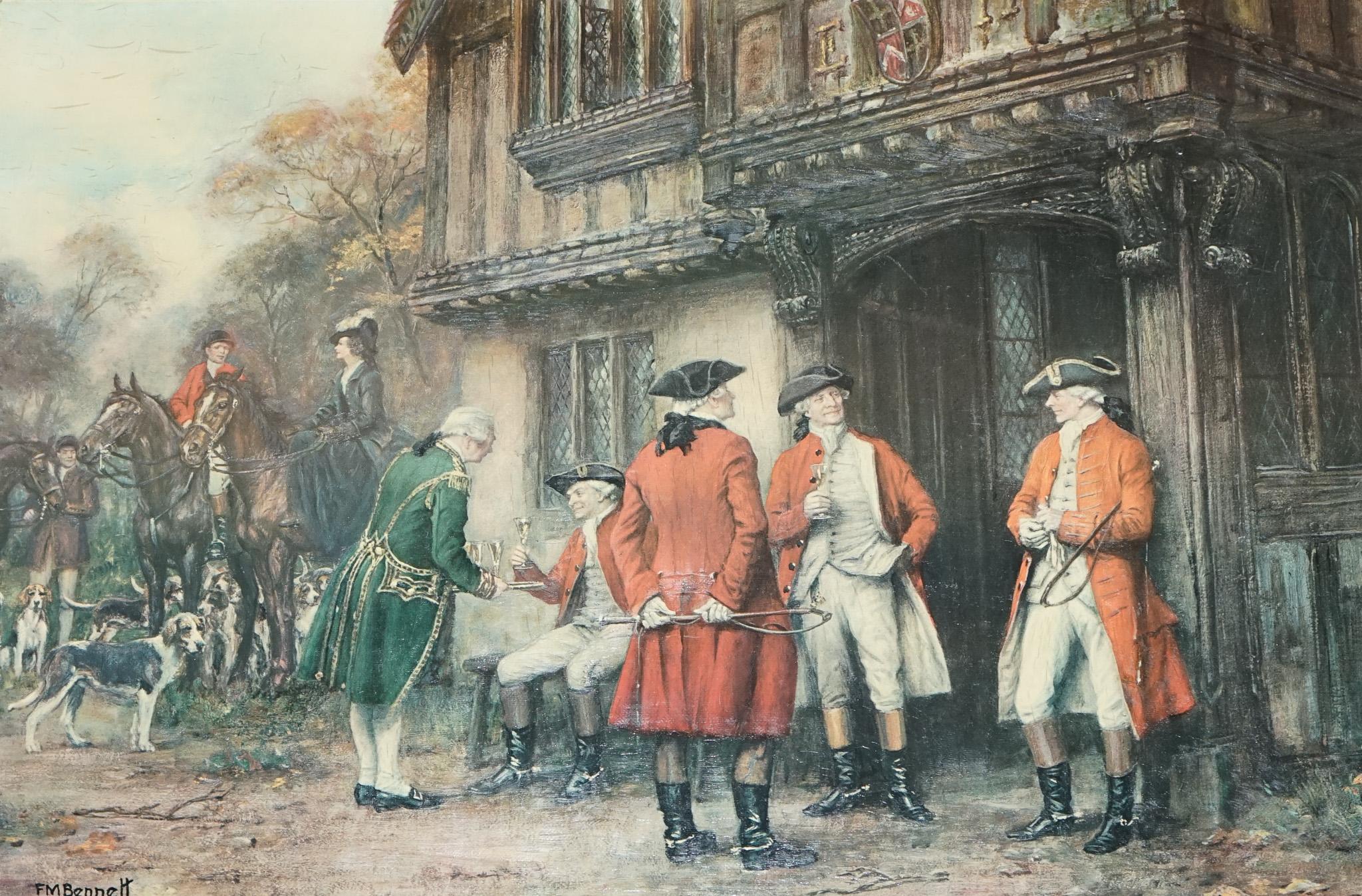OIL PAINTING iN MANNER OF F.M.  BENNETT ''MEET AT THE LODGE' GILT STYLE FRAME For Sale 2
