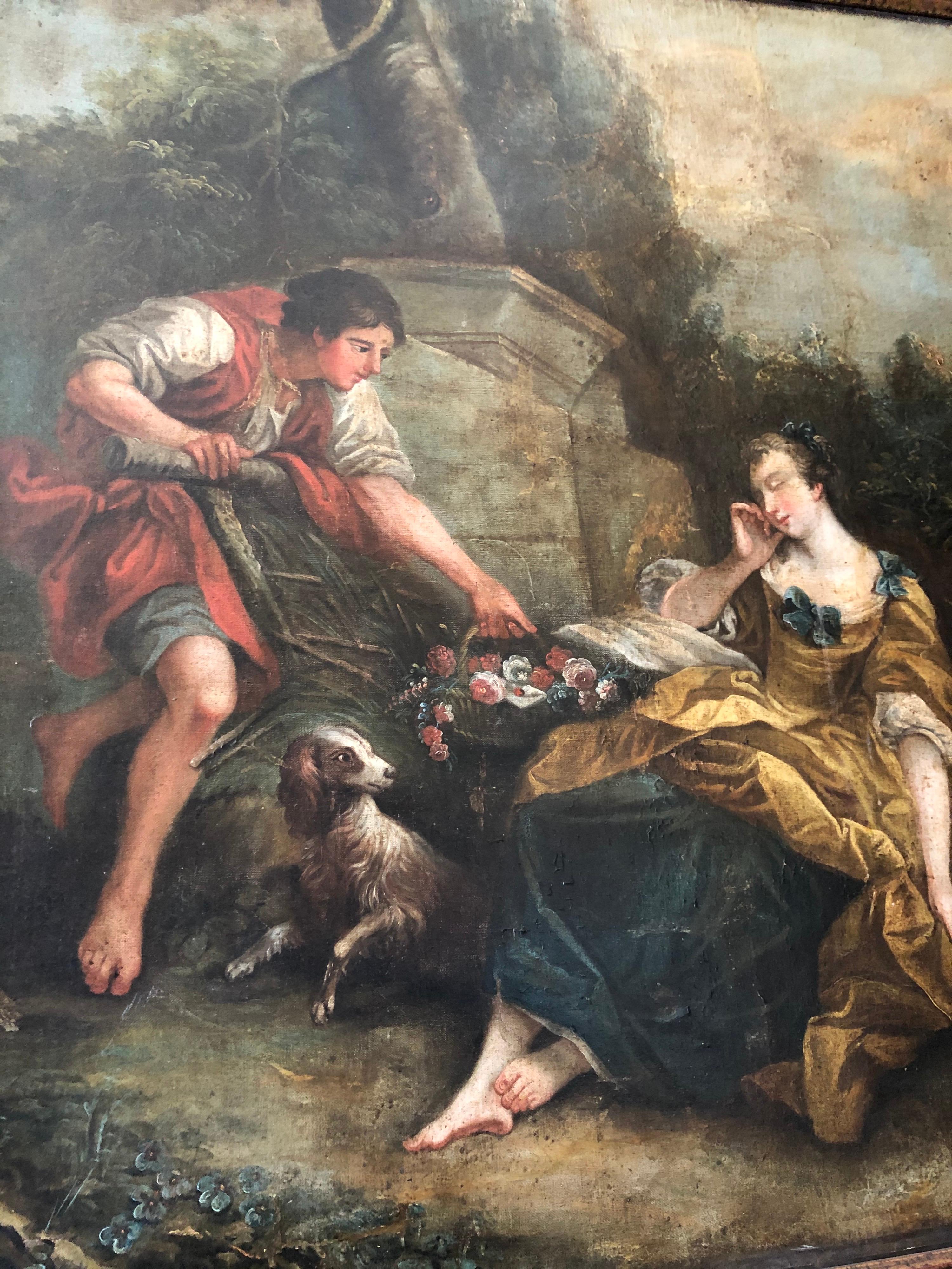 This oil painting in the style of Francois Boucher origins from France, circa 1860.