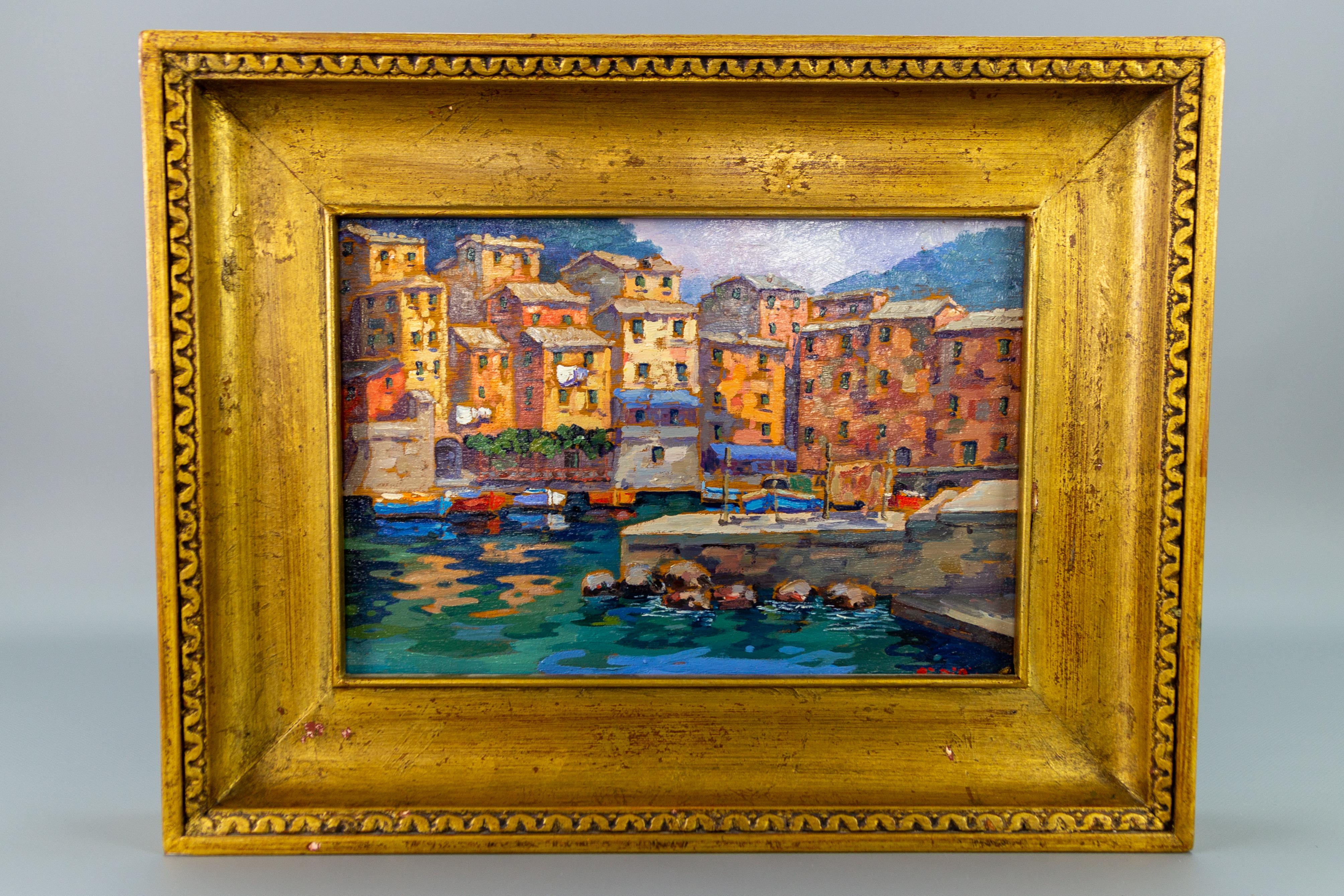 Beautiful and colorful Italian landscape port view painting, oil on panel, signed Maria Teresa Di Micco (* 1941). Wooden frame.
Dimensions with frame: height: 32 cm / 12.59 in; width: 41 cm / 16.14 in; depth: 6.5 cm / 2.55 in.
Dimensions unframed:
