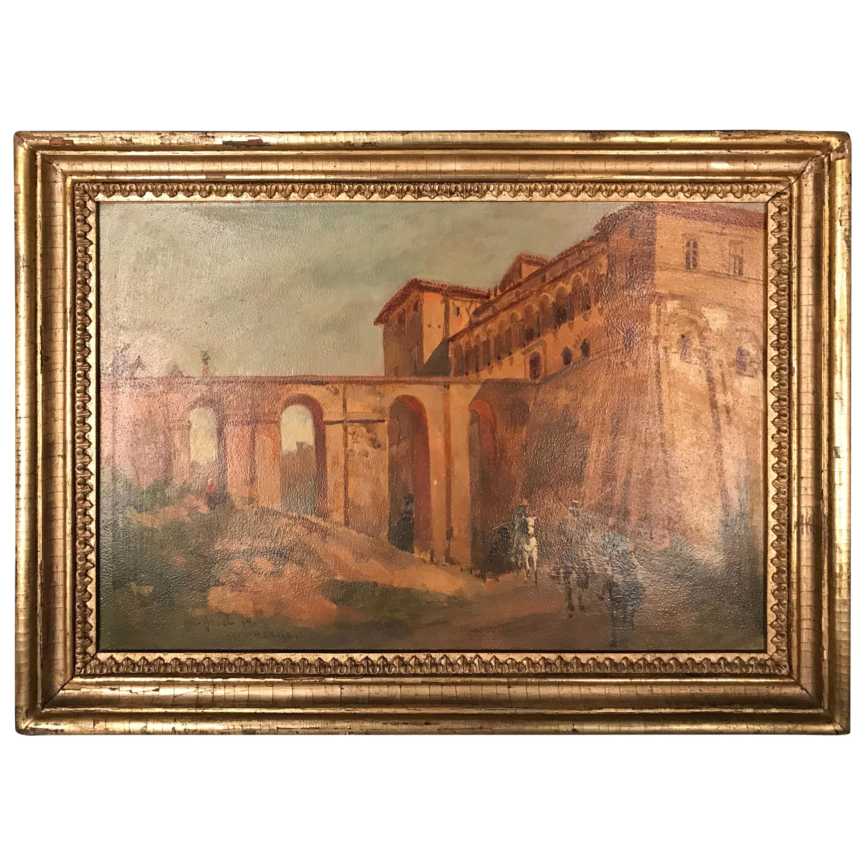 Ölgemälde Jacob, Julius Berlin 1842 Genazzano, Piscopal Palace und Bridgeacce, Ölgemälde im Angebot