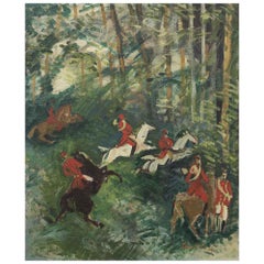 Oil Painting Jean Dufy "La Chasse à Courre" 1929 signed French Green Horse