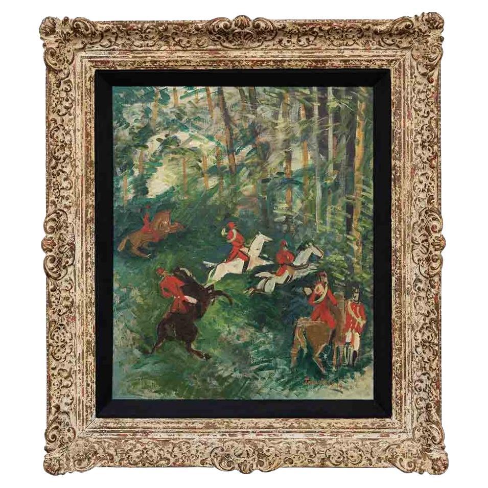 Oil Painting Jean Dufy "La Chasse à Courre" 1929 signed French Green Horse