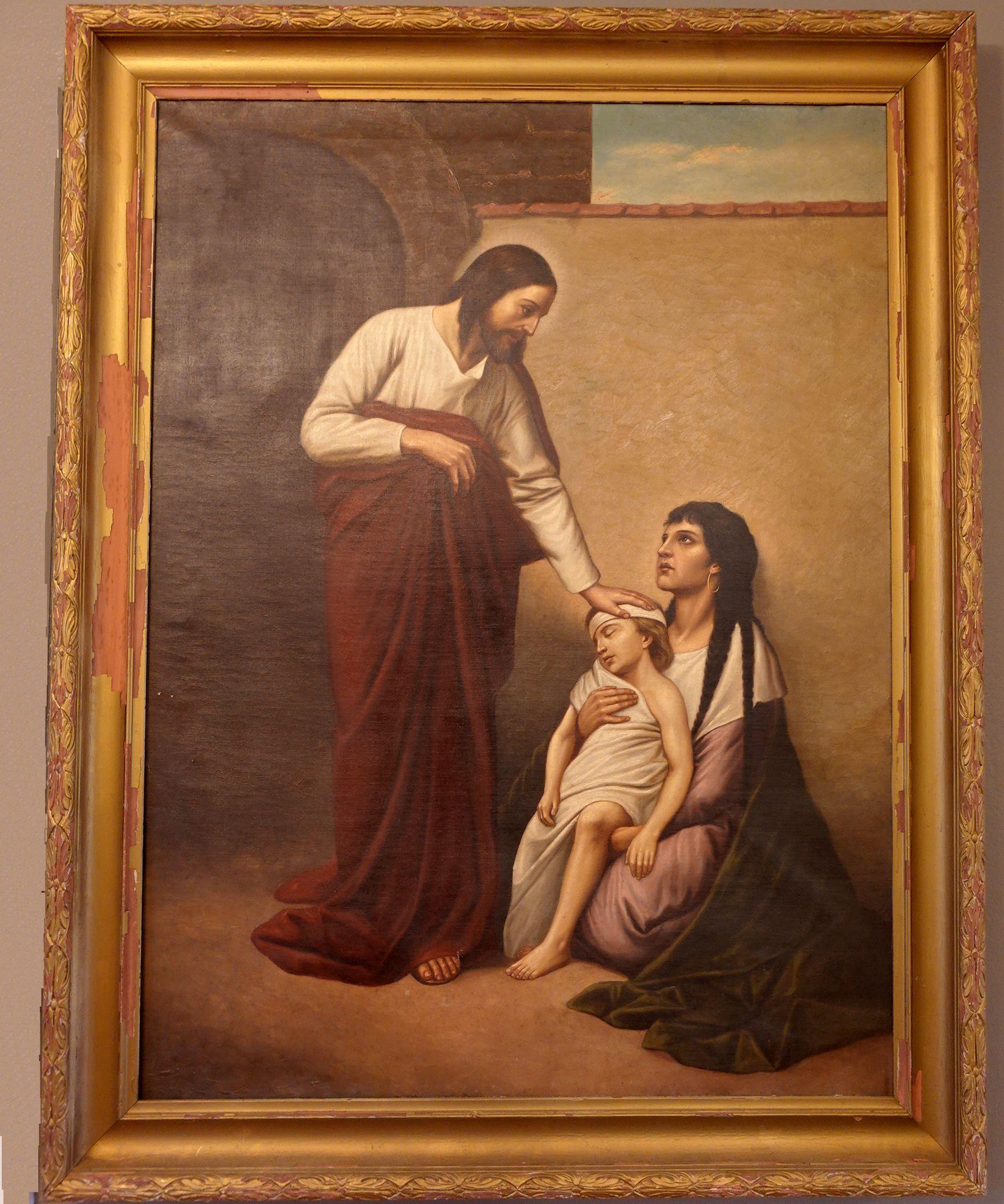 Ein religiöses Ölgemälde auf Leinwand, Jesus Heal's the Sick, nach dem Originalgemälde von Gabriel Cornelius von Max, Brite, Deutscher, Tscheche, 1840 bis 1915. Gerahmt. Gabriel Cornelius von Max war ein in Prag geborener österreichischer Maler.