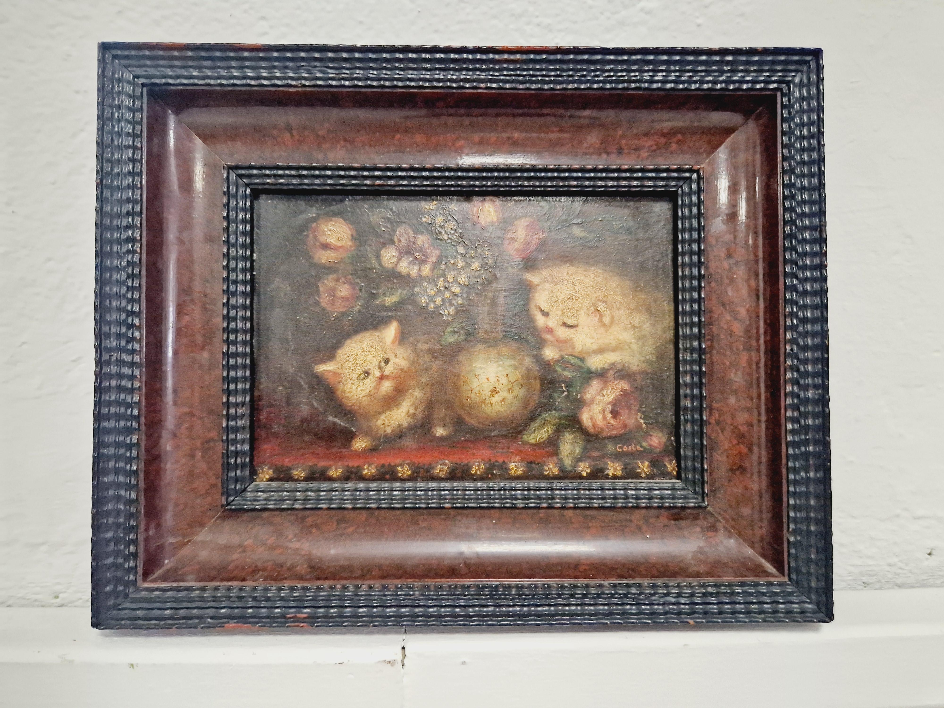 Pintura al óleo Gatitos Siglo XIX Firmado COSTA Italiano en venta