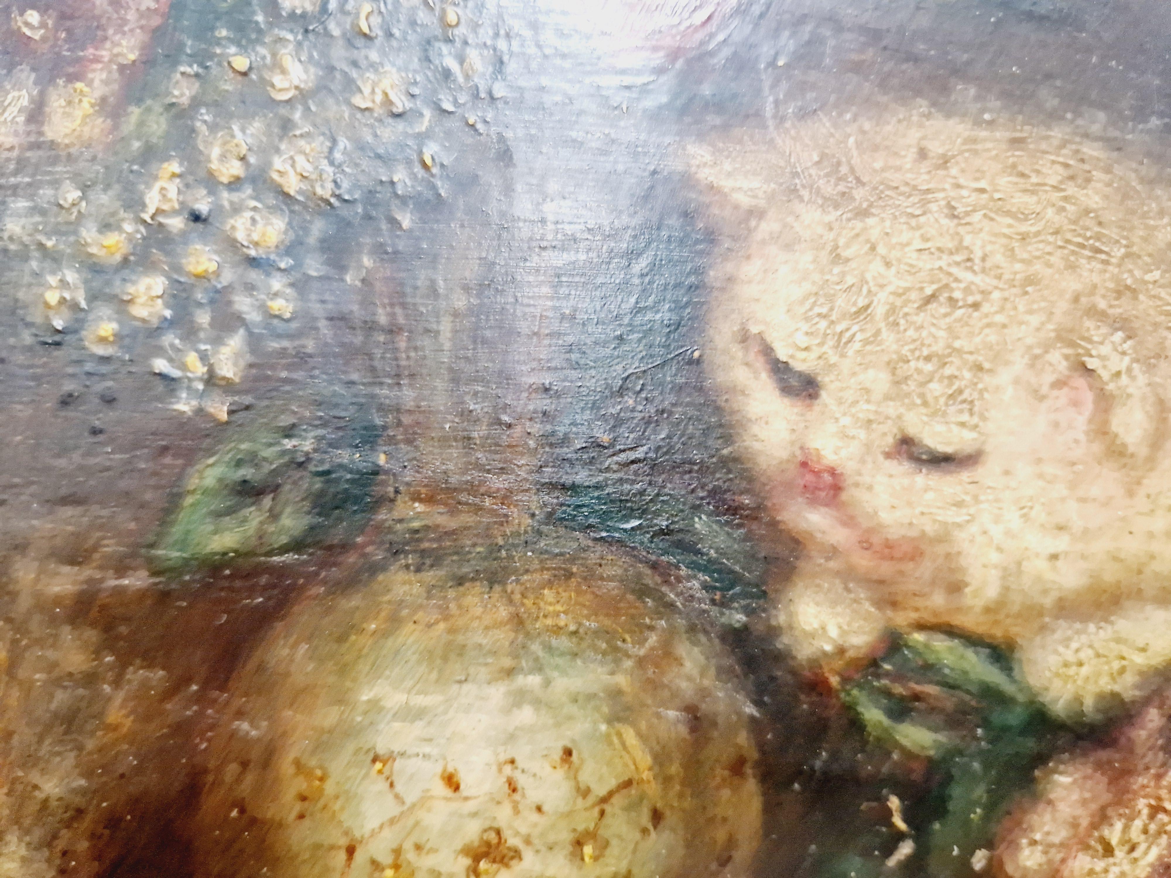 Pintura al óleo Gatitos Siglo XIX Firmado COSTA Madera dura en venta