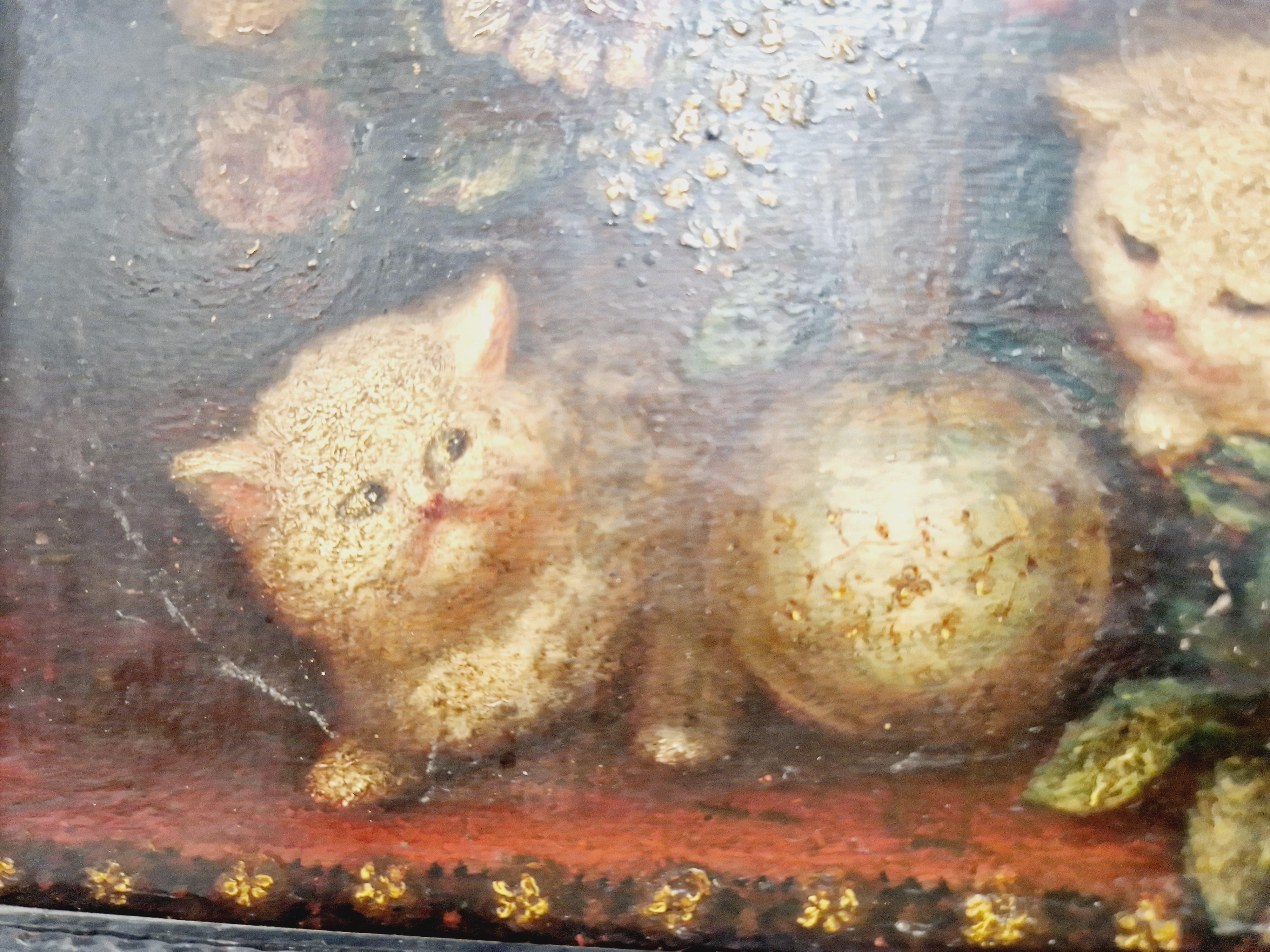 Pintura al óleo Gatitos Siglo XIX Firmado COSTA en venta 1