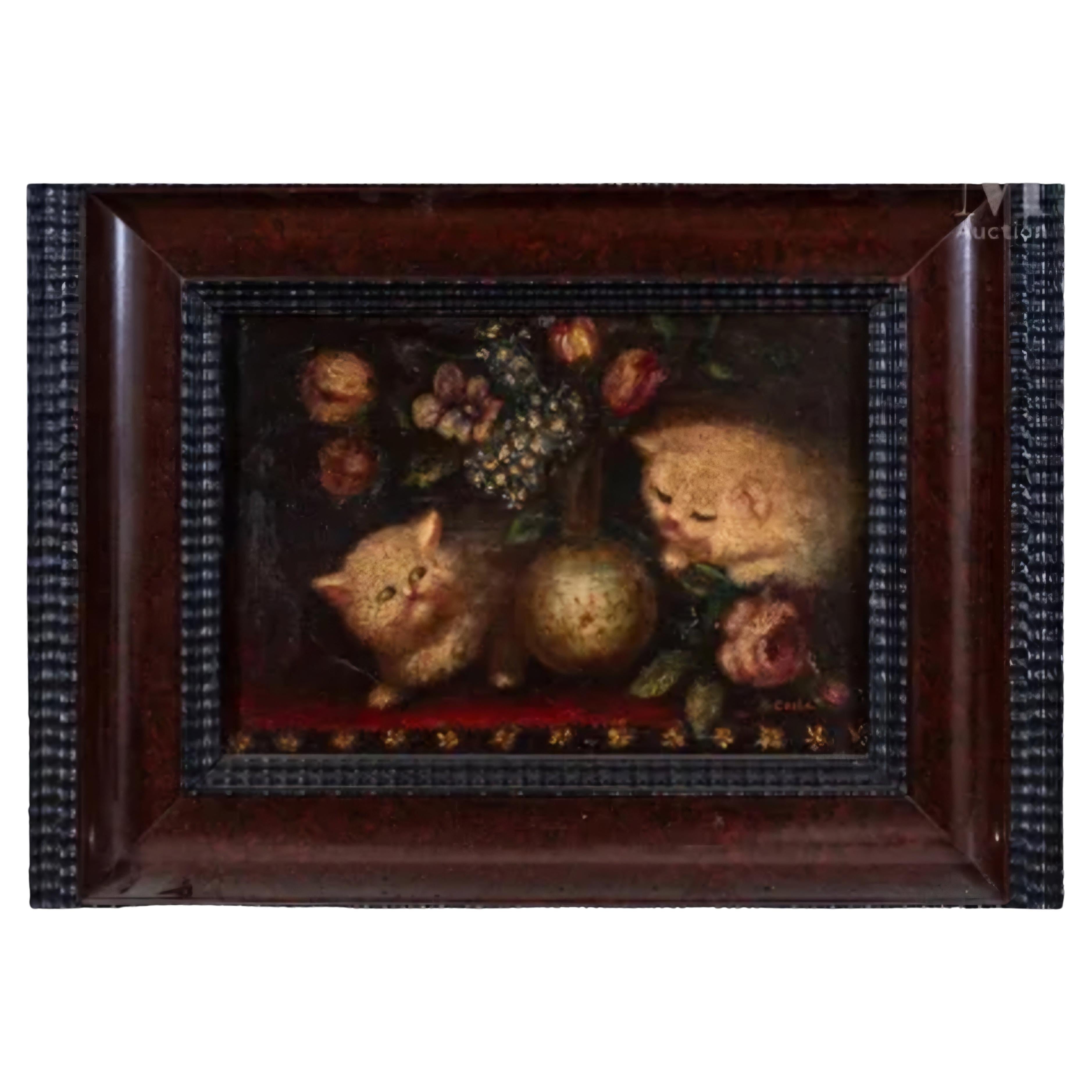 Pintura al óleo Gatitos Siglo XIX Firmado COSTA en venta