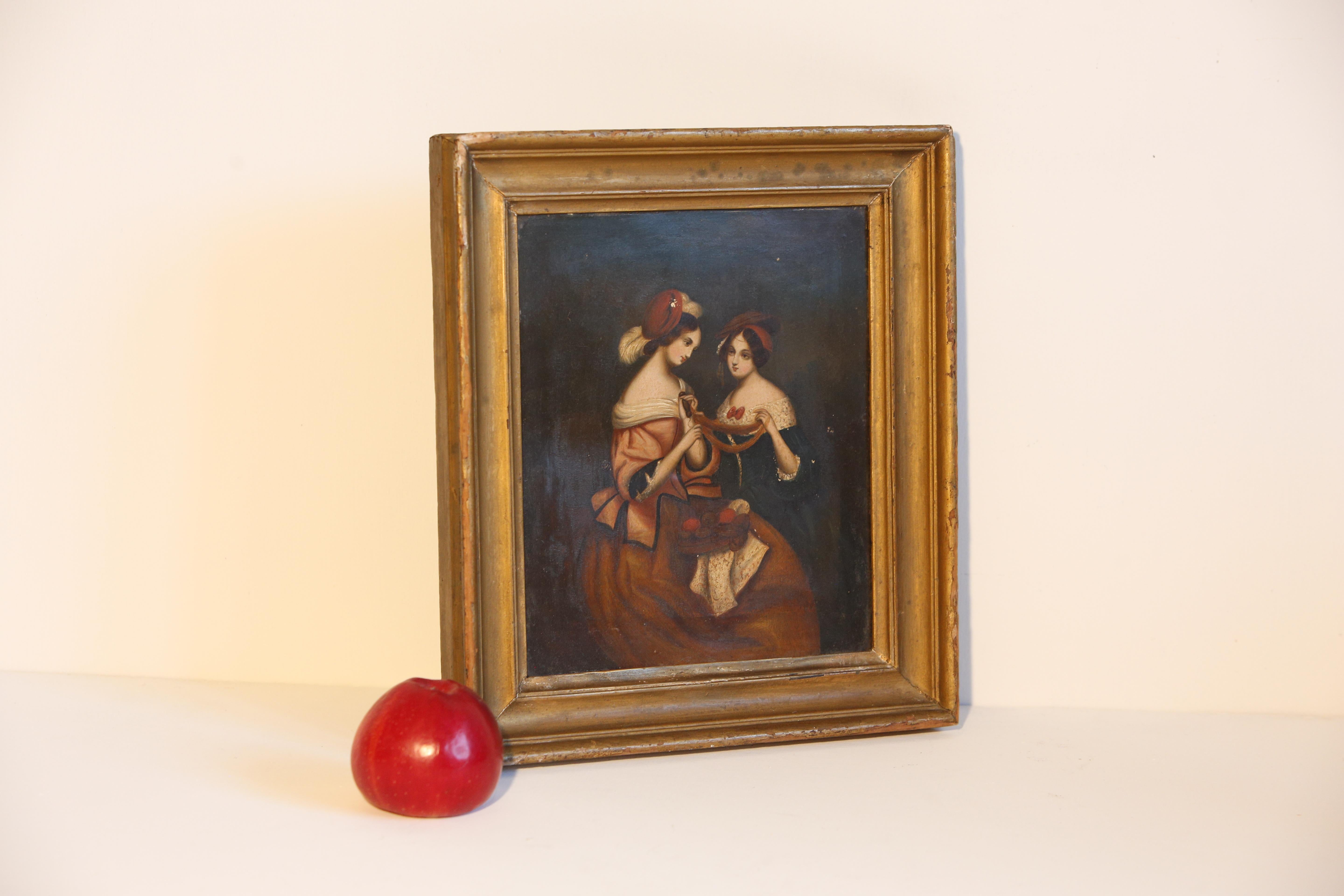Oil Painting Ladies on Zinc Panel 19th C Victorian For Sale 4