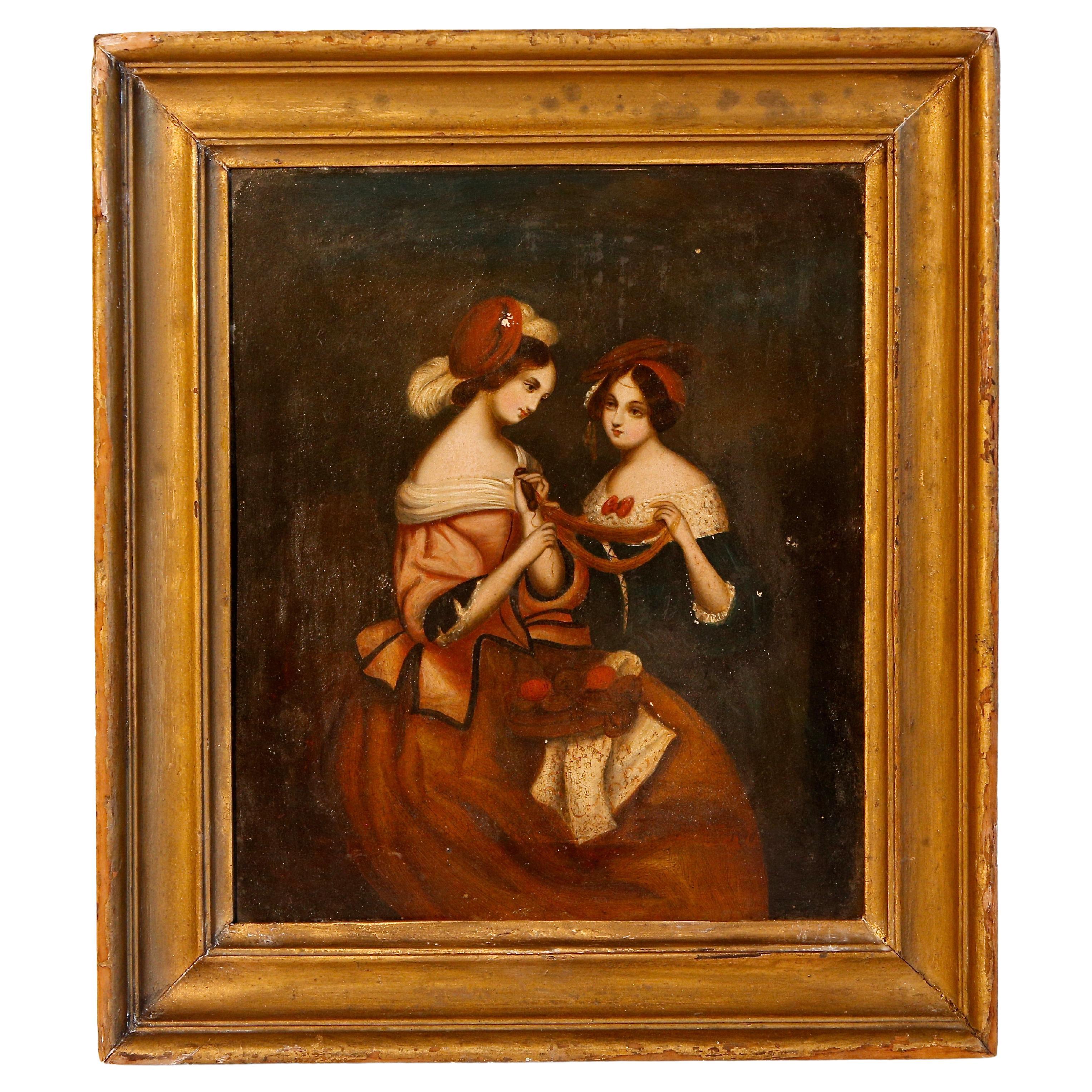 Oil Painting Ladies on Zinc Panel 19th C Victorian 

A continental zinc metal painted panel of two well attired ladies gathering yarns of wool into small bundles in period gilt frame. 

Indistinctly signed on the back of the panel. 
  