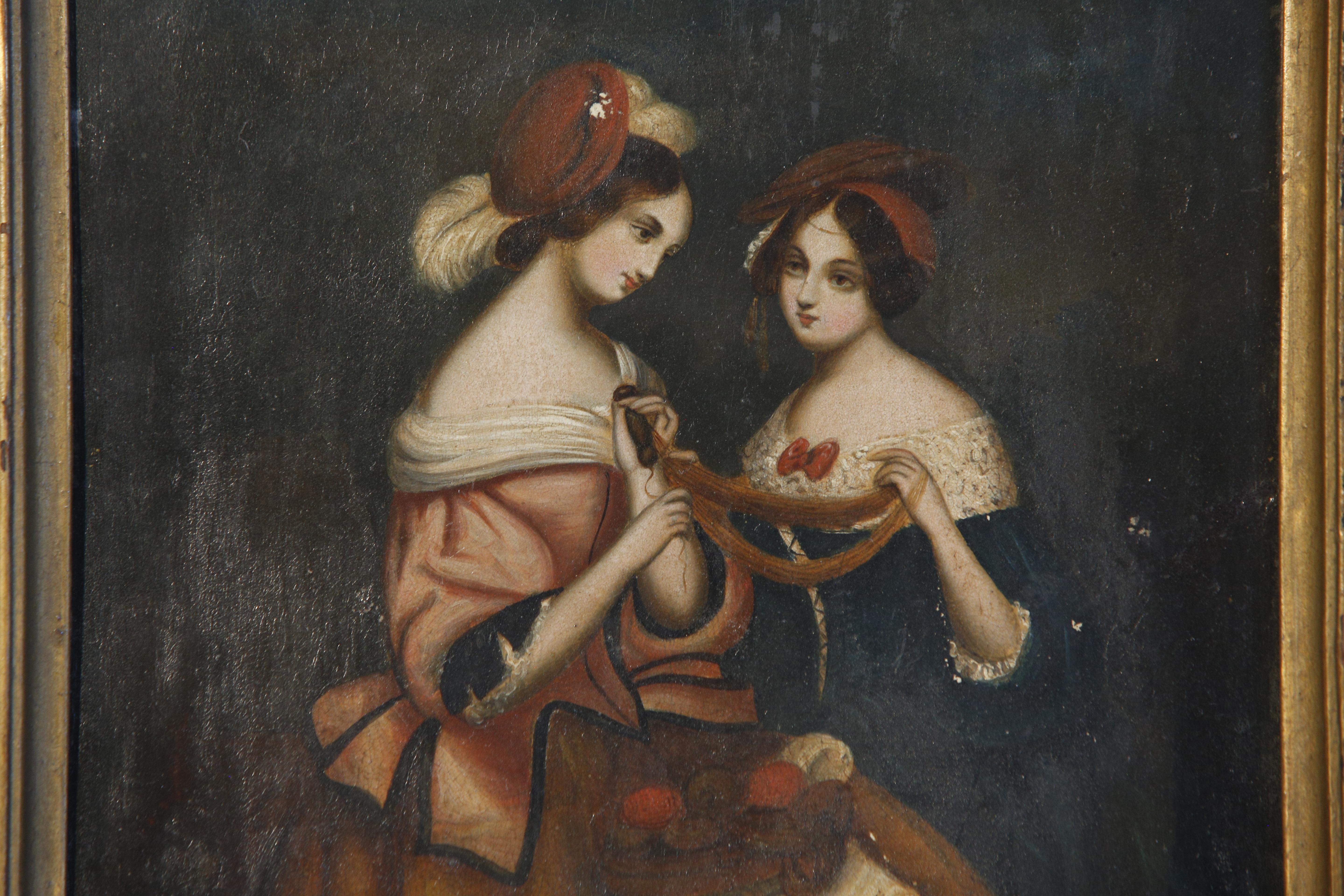 French Oil Painting Ladies on Zinc Panel 19th C Victorian For Sale