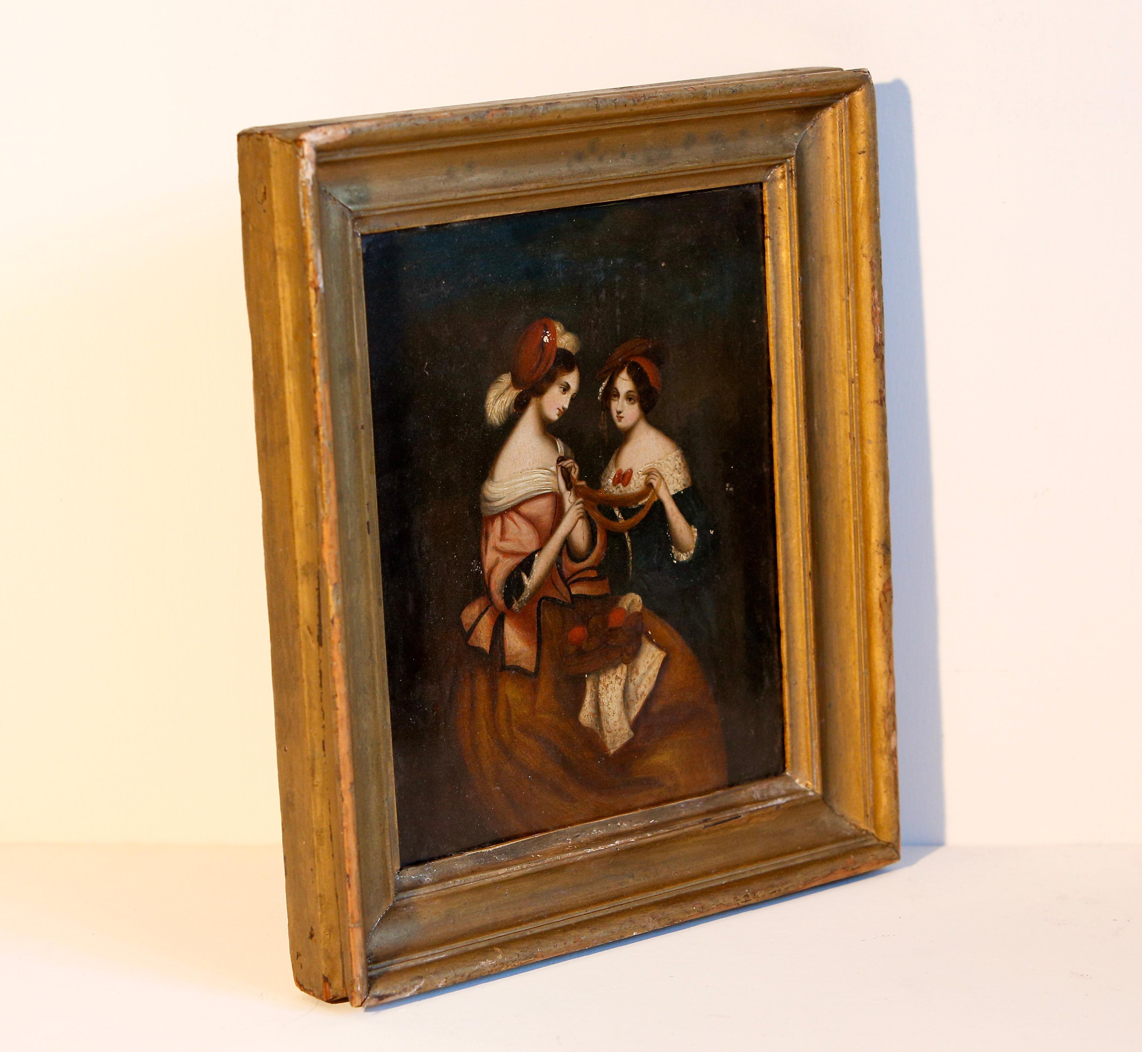 Gilt Oil Painting Ladies on Zinc Panel 19th C Victorian For Sale