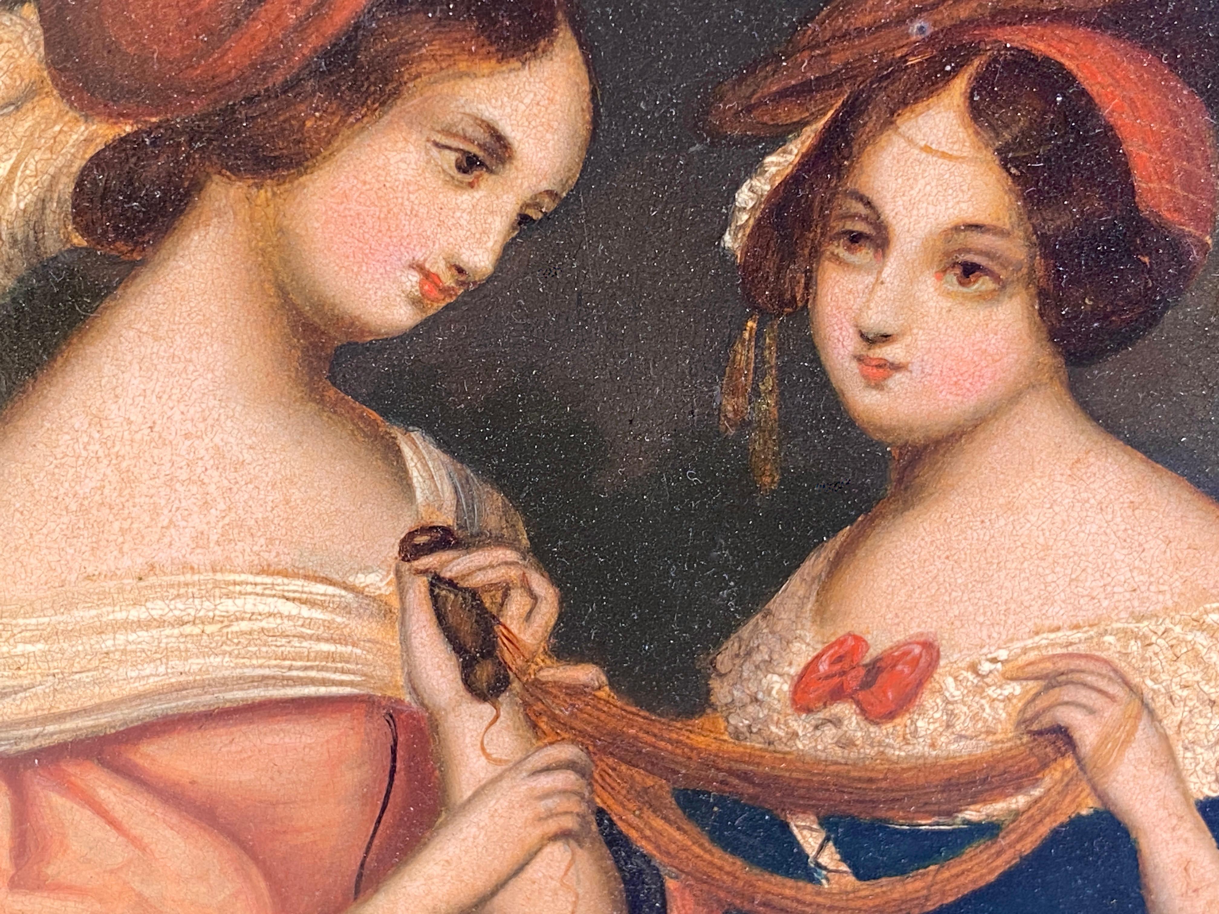 Oil Painting Ladies on Zinc Panel 19th C Victorian In Good Condition For Sale In Cheltenham, GB