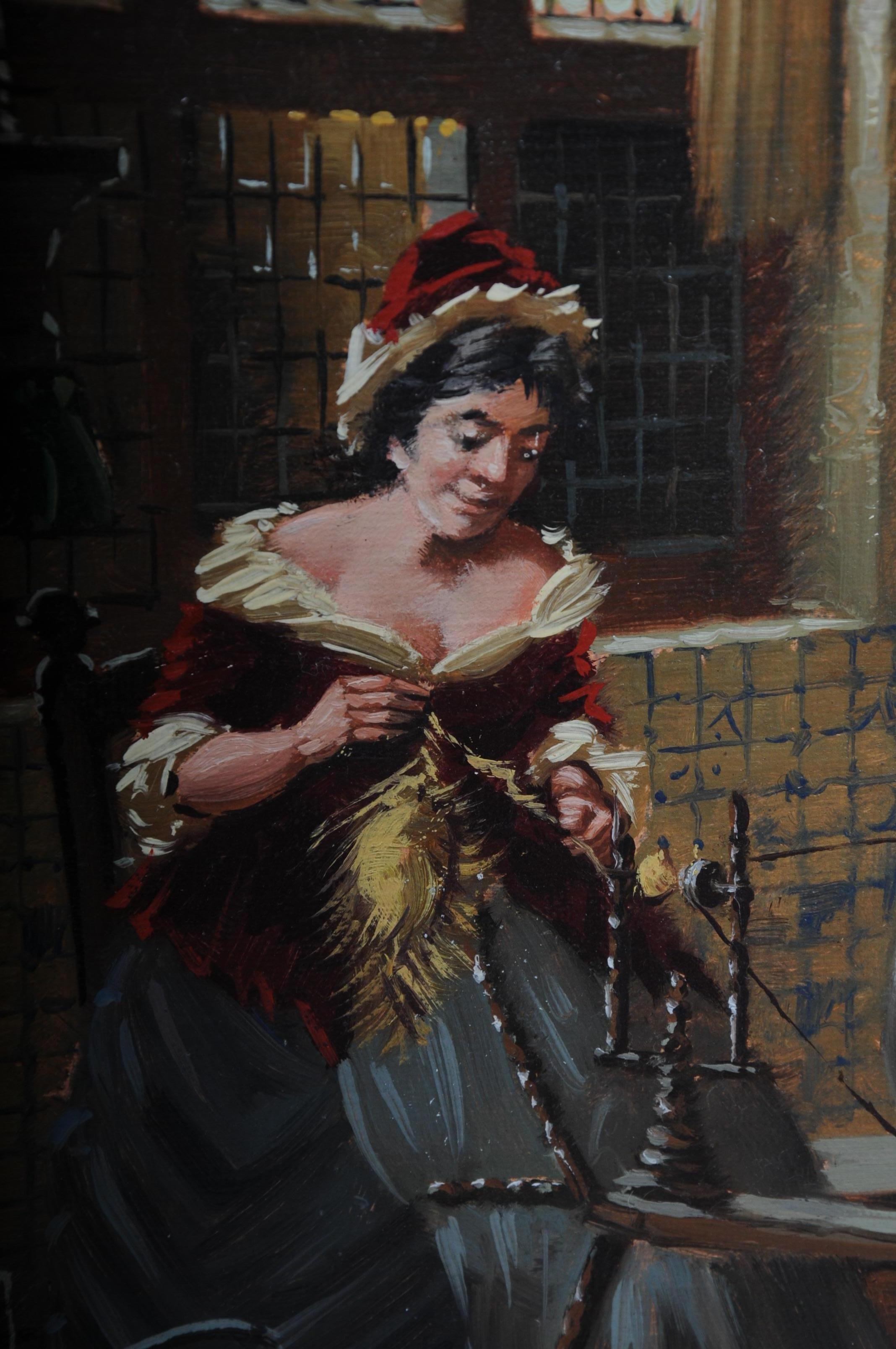 Oil Painting Lady at the Spinning Wheel, 20th Century For Sale 4
