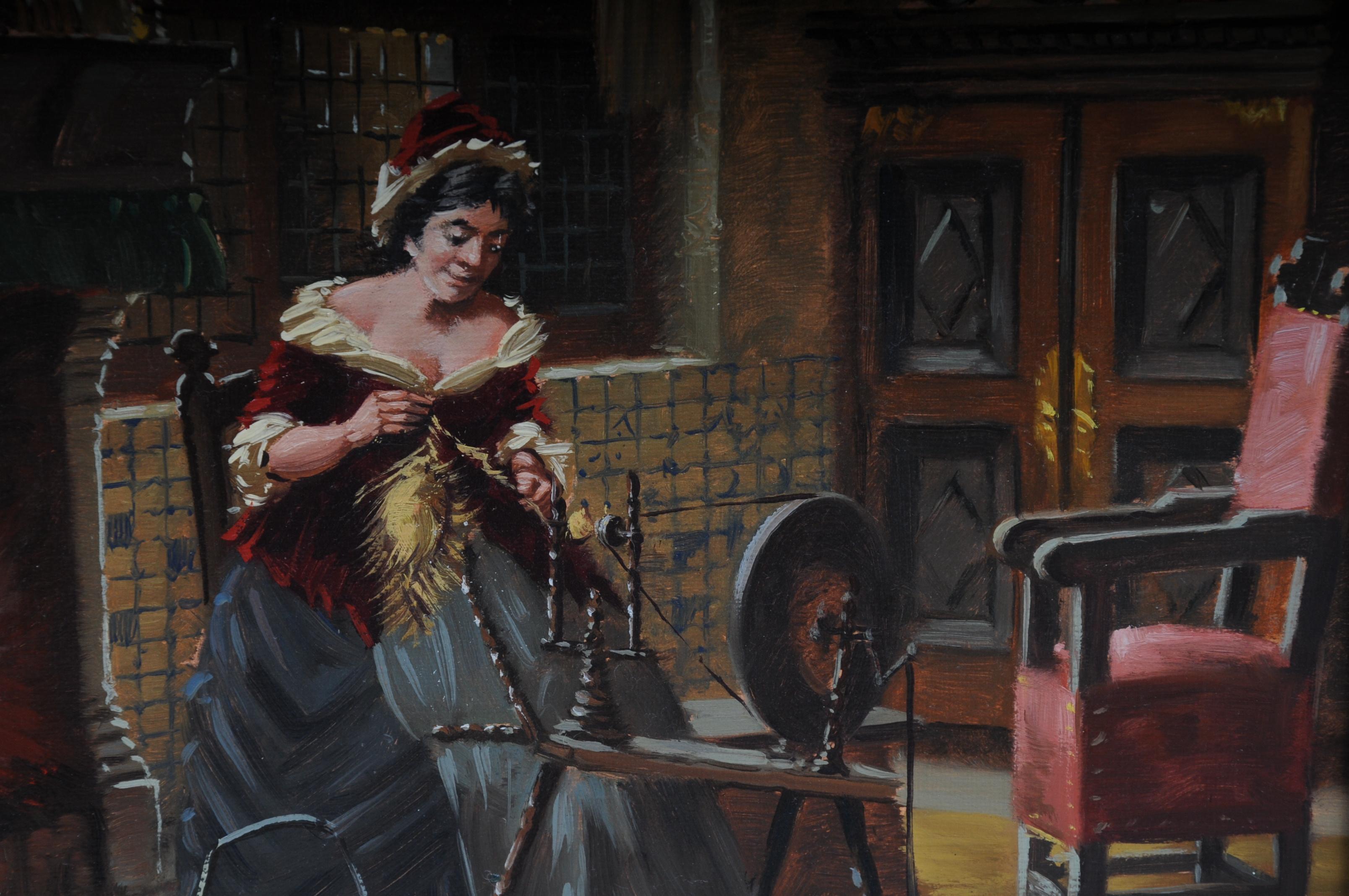Hand-Painted Oil Painting Lady at the Spinning Wheel, 20th Century For Sale