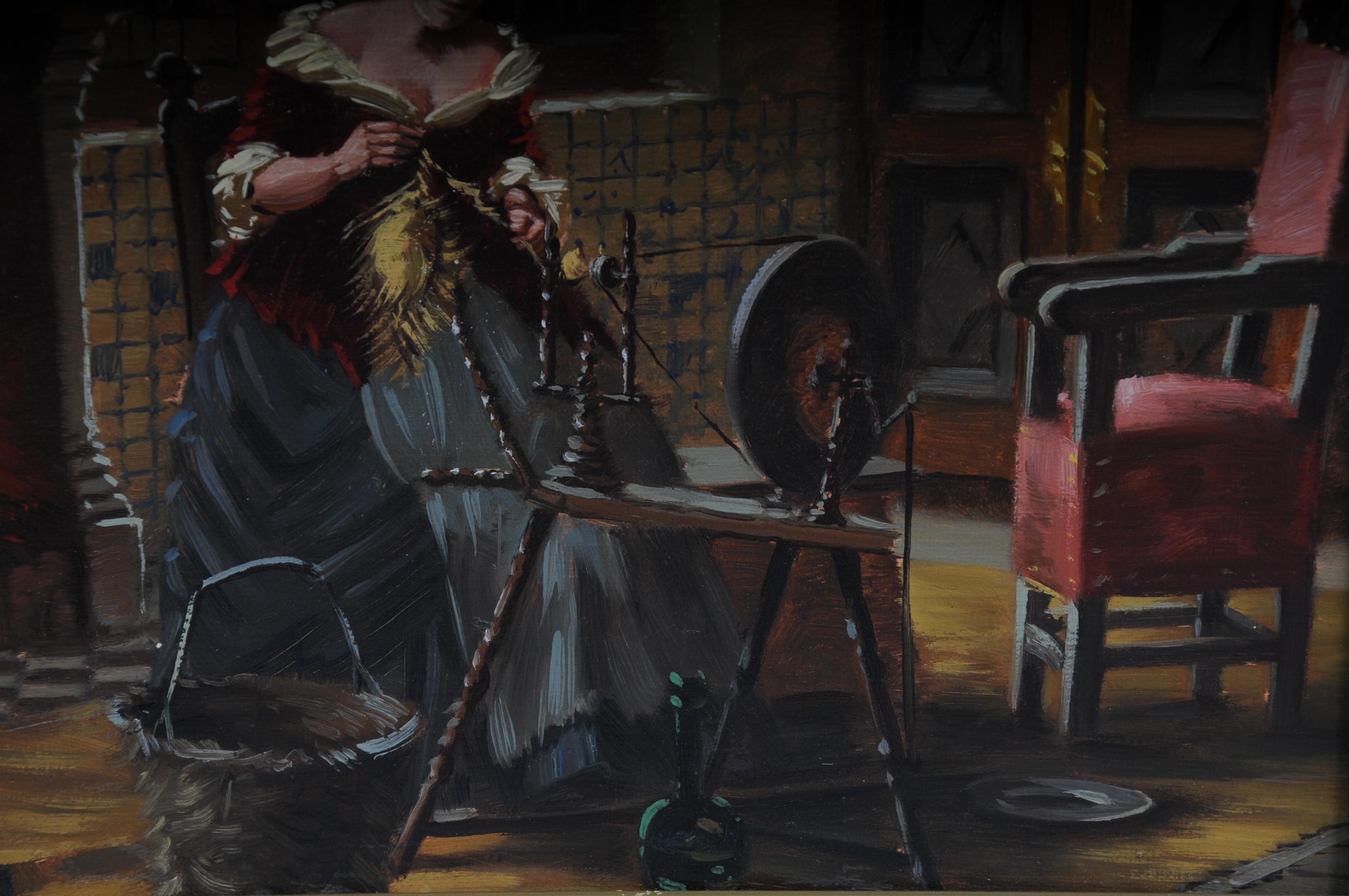 Oil Painting Lady at the Spinning Wheel, 20th Century In Good Condition For Sale In Berlin, DE