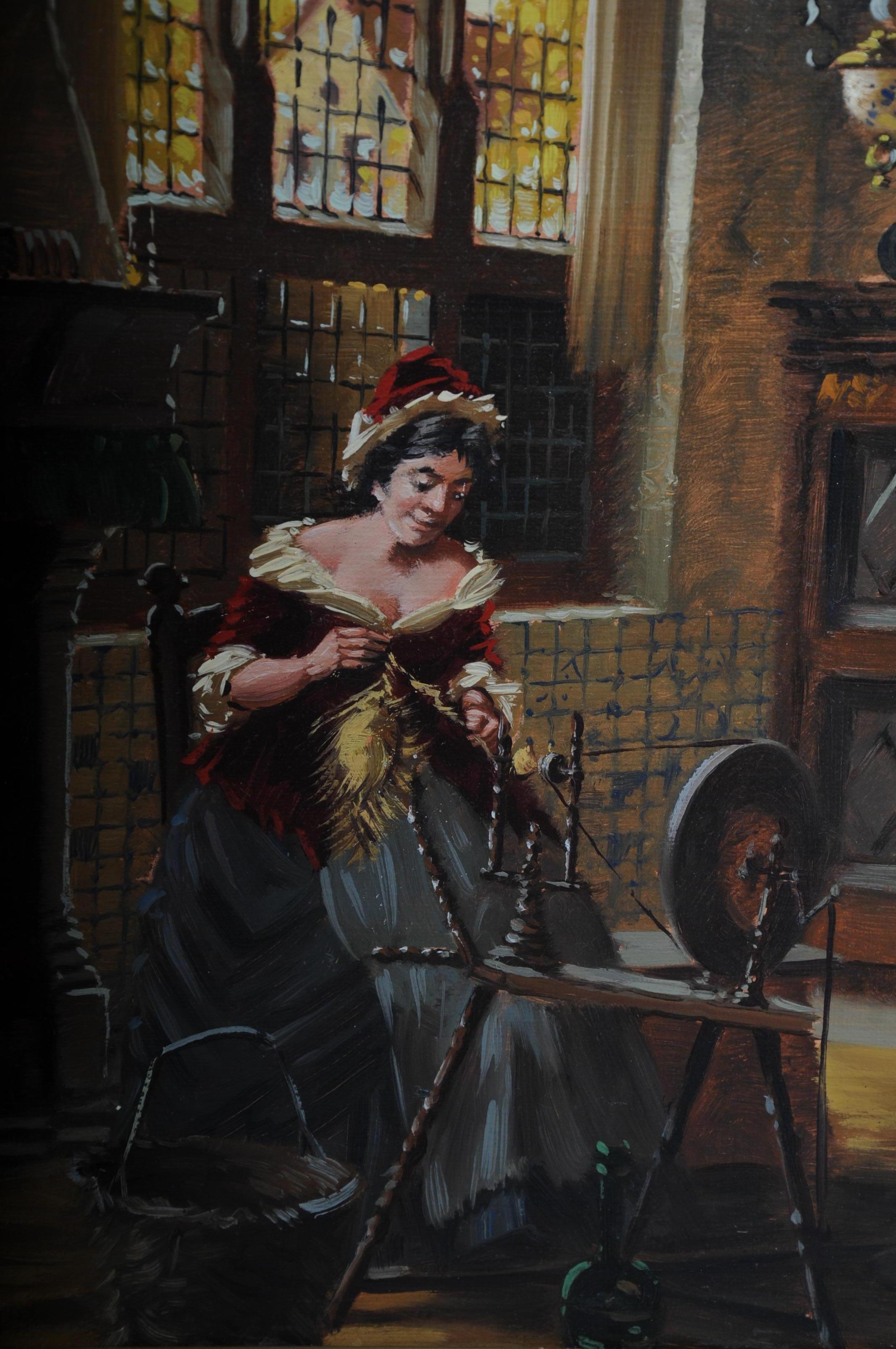 Canvas Oil Painting Lady at the Spinning Wheel, 20th Century For Sale