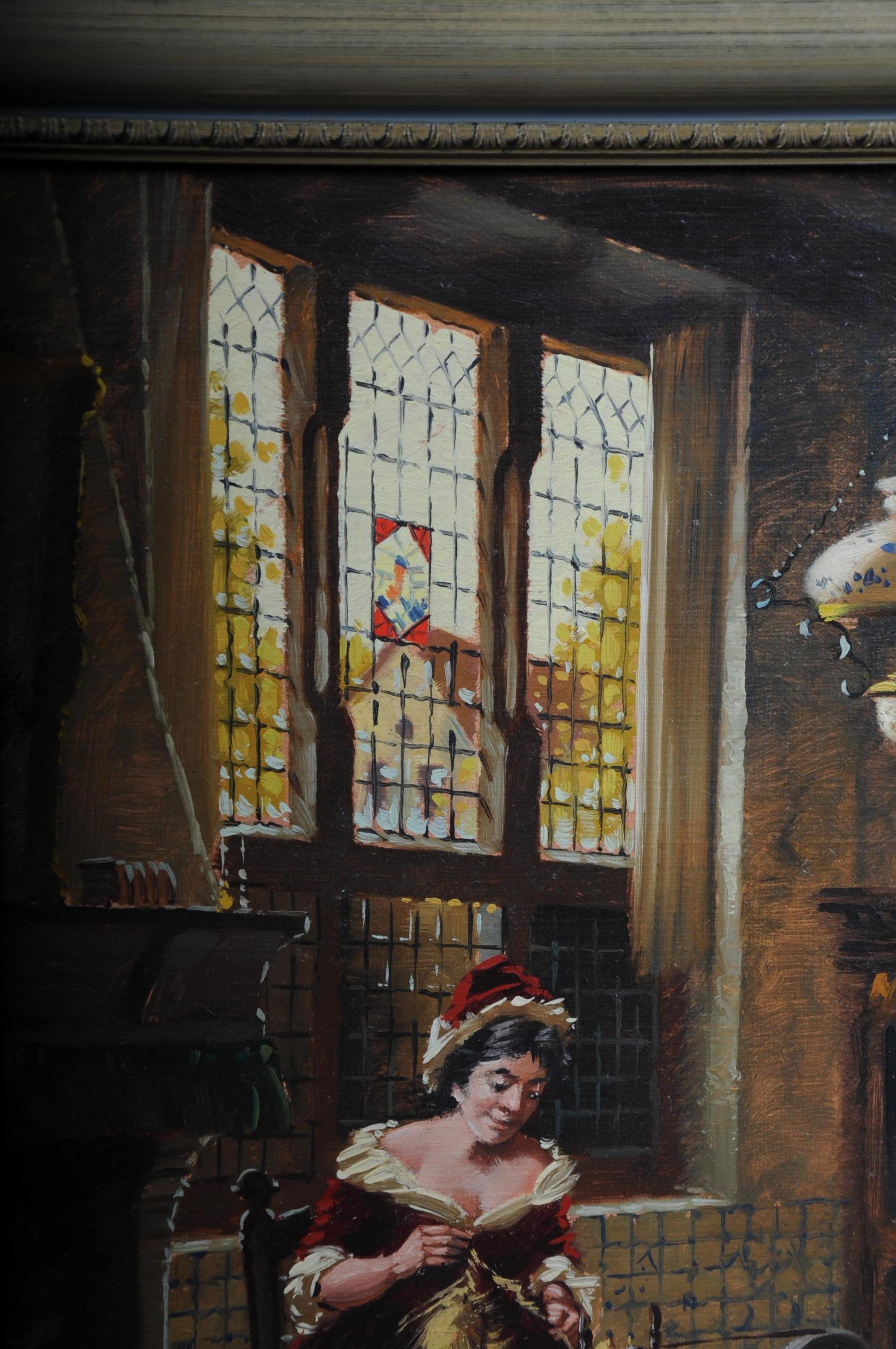 Oil Painting Lady at the Spinning Wheel, 20th Century For Sale 3