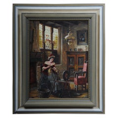 Oil Painting Lady at the Spinning Wheel, 20th Century