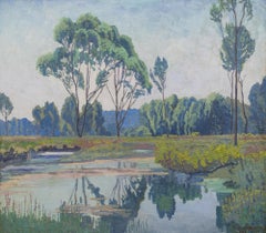 Ölgemälde Landschaft Au in Klosterneuburg Max Kahrer 1919 Klassischer Modernismus