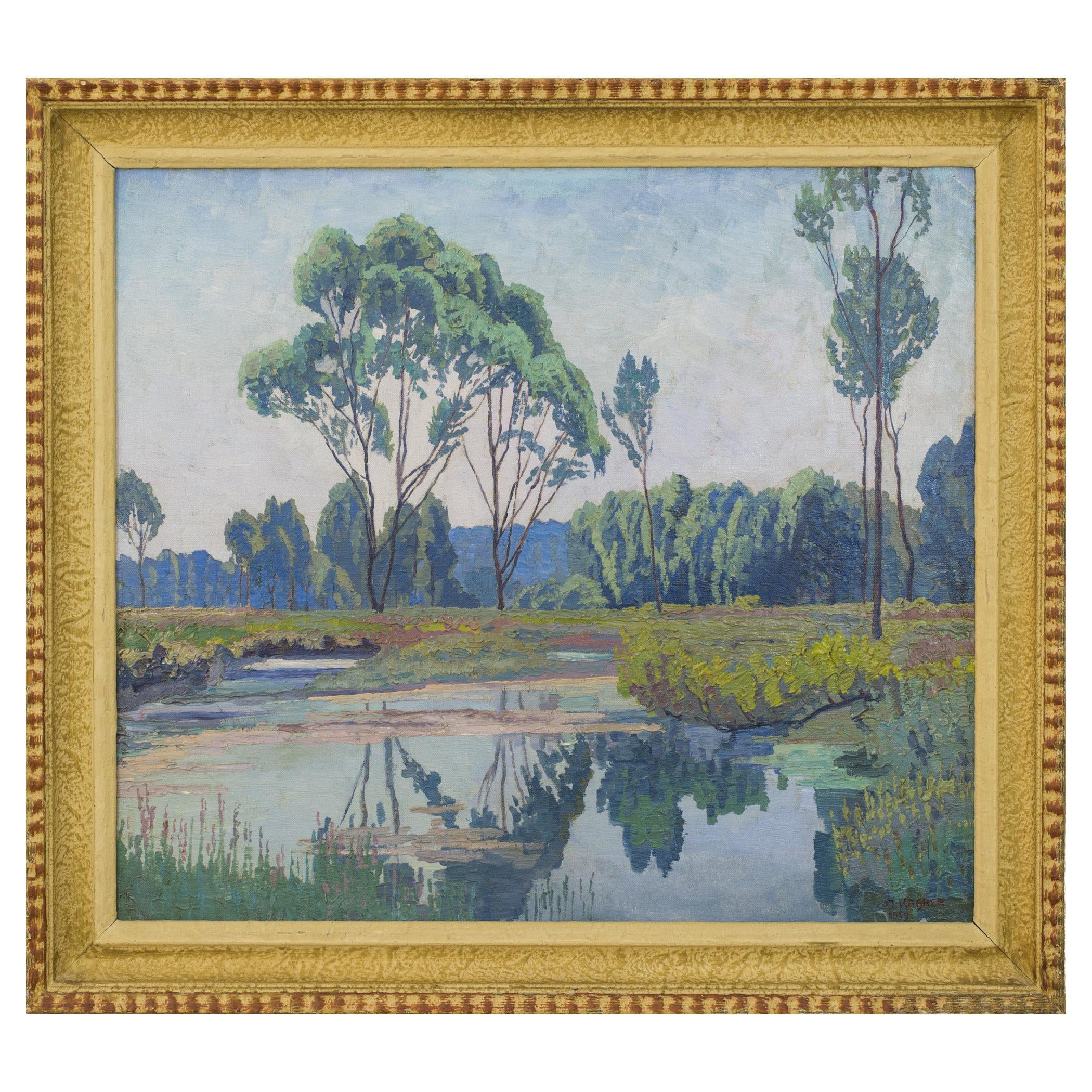 Ölgemälde Landschaft Au in Klosterneuburg Max Kahrer 1919 Klassischer Modernismus