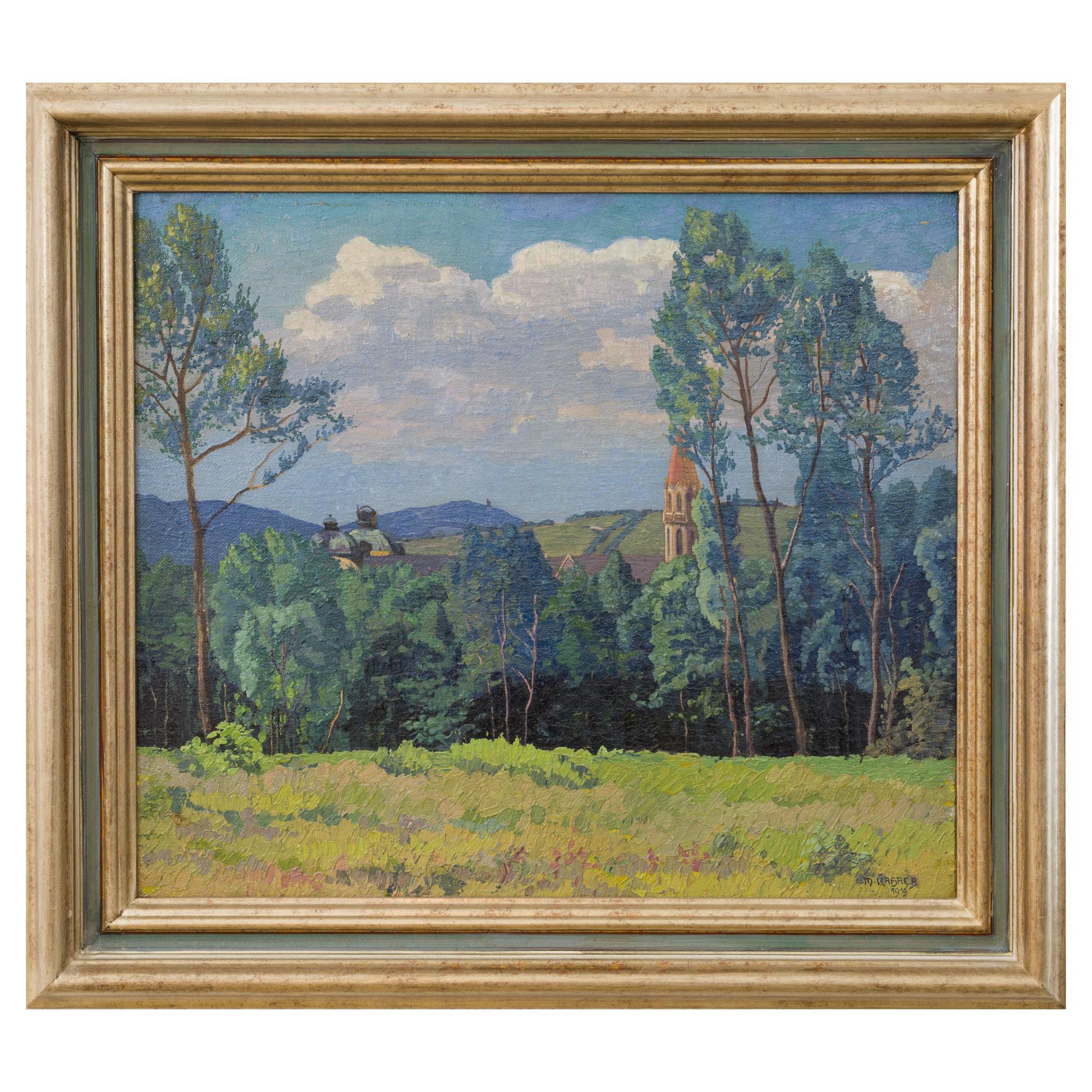 Oil Painting Landscape Sitft Klosterneuburg Max Kahrer 1919 Classical Modernism For Sale