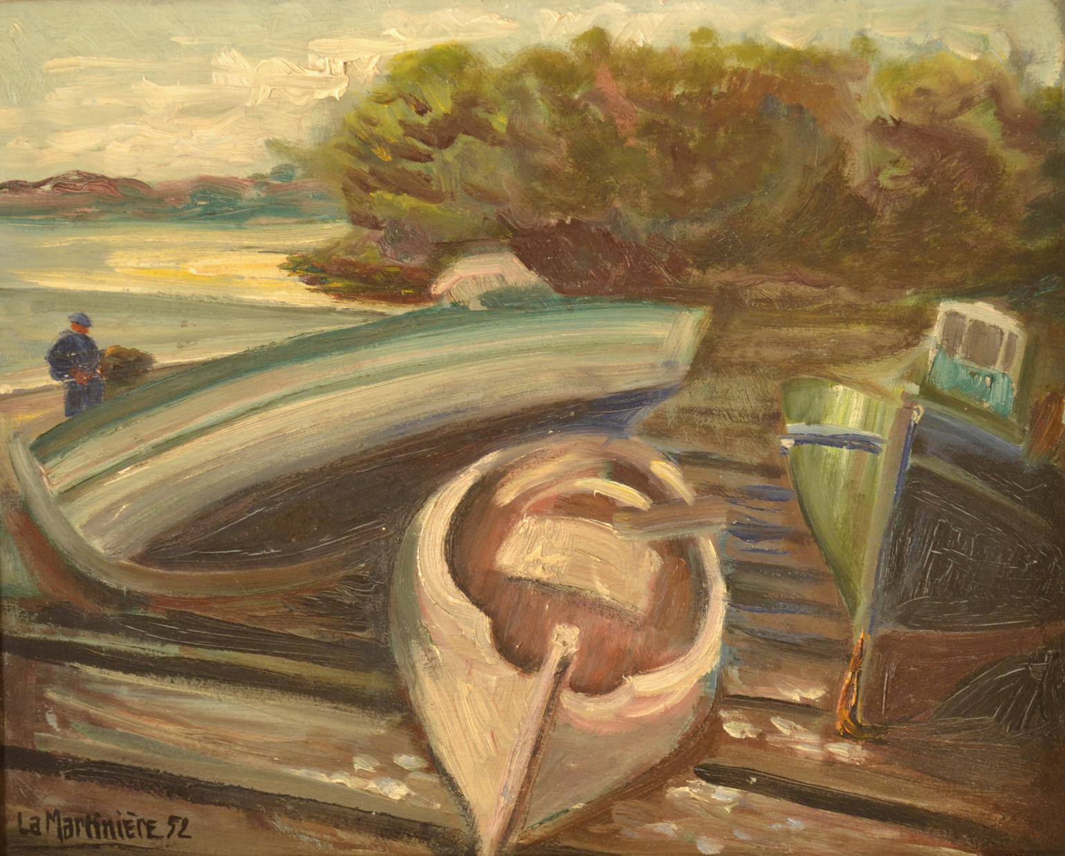 Expressive oil painting on wood panel French by La Martiniere in 1952. The painting depicts fisherman and three small fishing boats laying on the shore. It is painted in large brush strokes full of texture to express the moment.
The painting