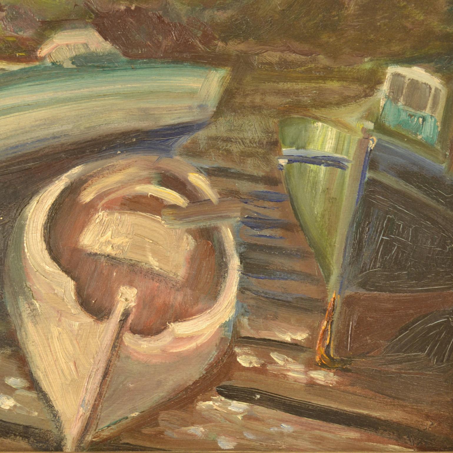 Expressionniste Peinture à l'huile - Paysage avec bateaux de pêche, français, années 1950 en vente