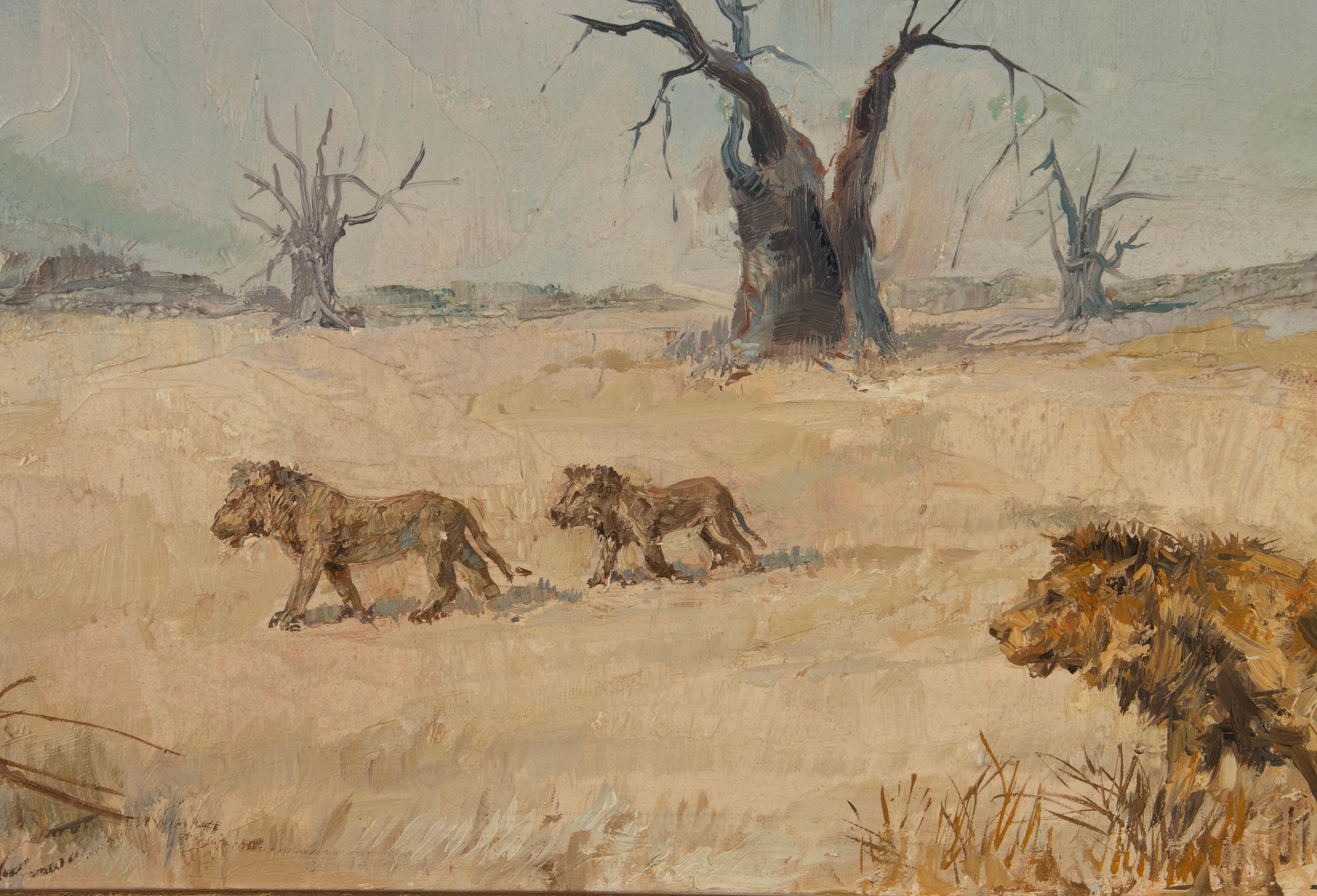 A beautiful oil painting, lions in an African savannah landscape. Nice composition with a special atmosphere and beautiful use of colors. The painting is framed in a beautiful wooden gold-colored frame, with a red velvet passe partout.
Signed lower