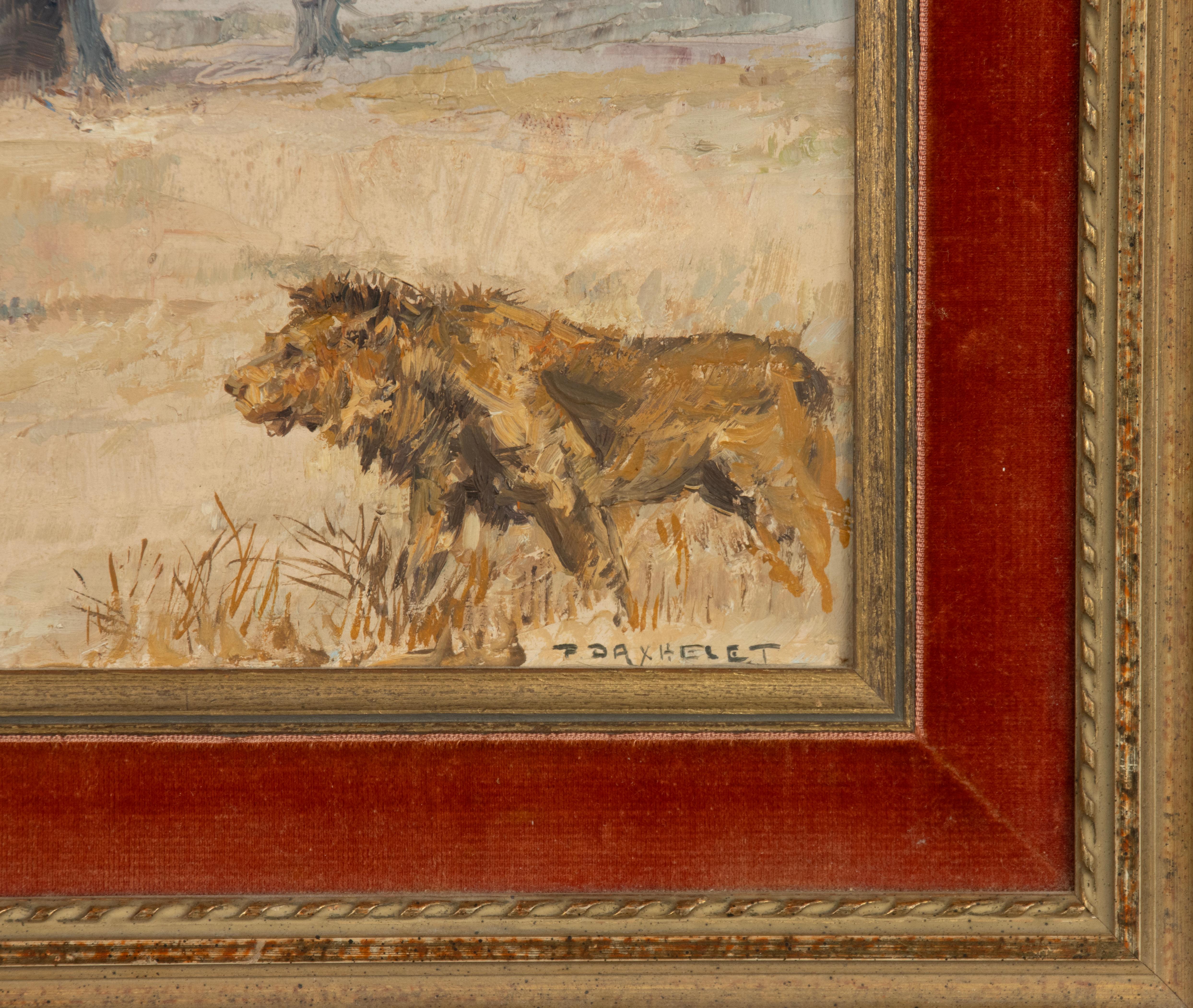 Hand-Painted Oil Painting - Lions in a Savannah Landscape - Paul Daxhelet For Sale