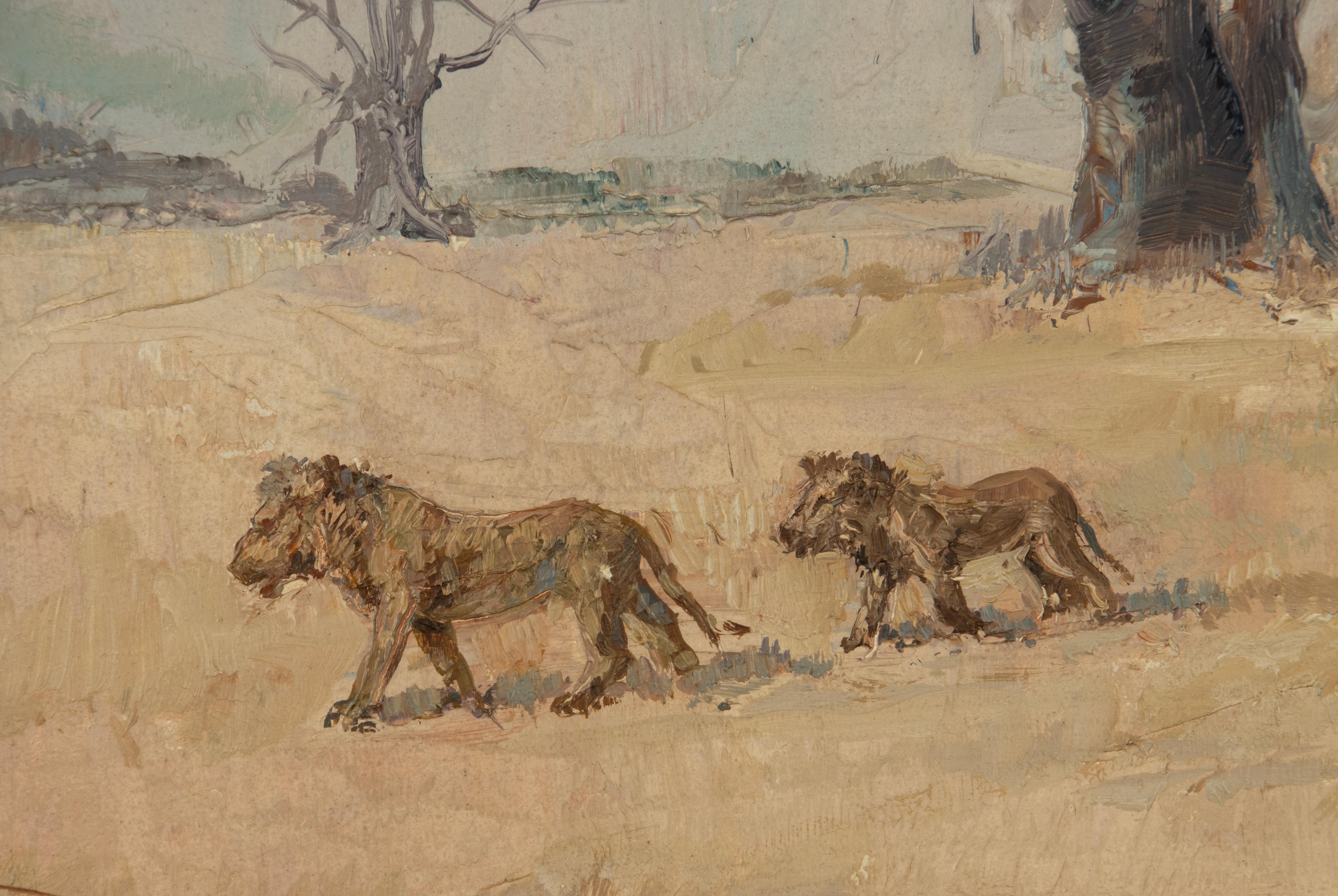 Oil Painting - Lions in a Savannah Landscape - Paul Daxhelet In Good Condition For Sale In Casteren, Noord-Brabant