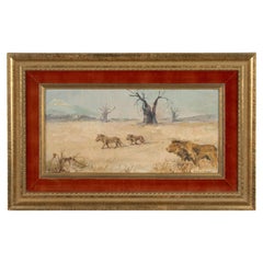 Vintage Oil Painting - Lions in a Savannah Landscape - Paul Daxhelet