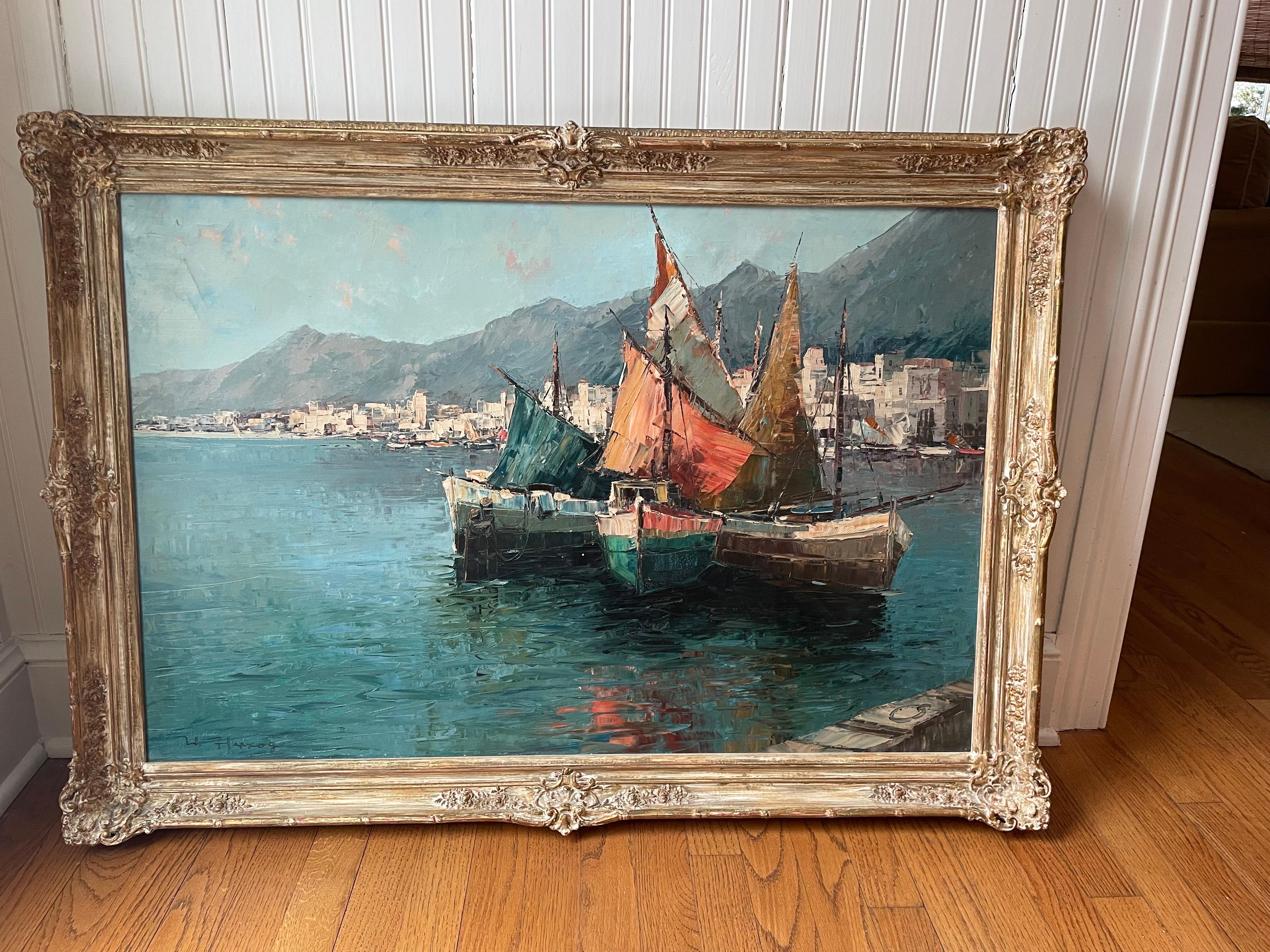 An original oil on canvas “Mediterranean Harbor” by Wolfgang Werner Herzog. Is framed in a Newcomb Macklin frame