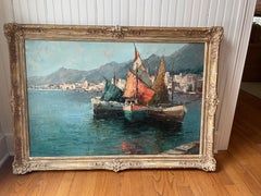 oil painting “Mediterranean Harbor” by Wolfgang Herzog. Newcomb Macklin frame
