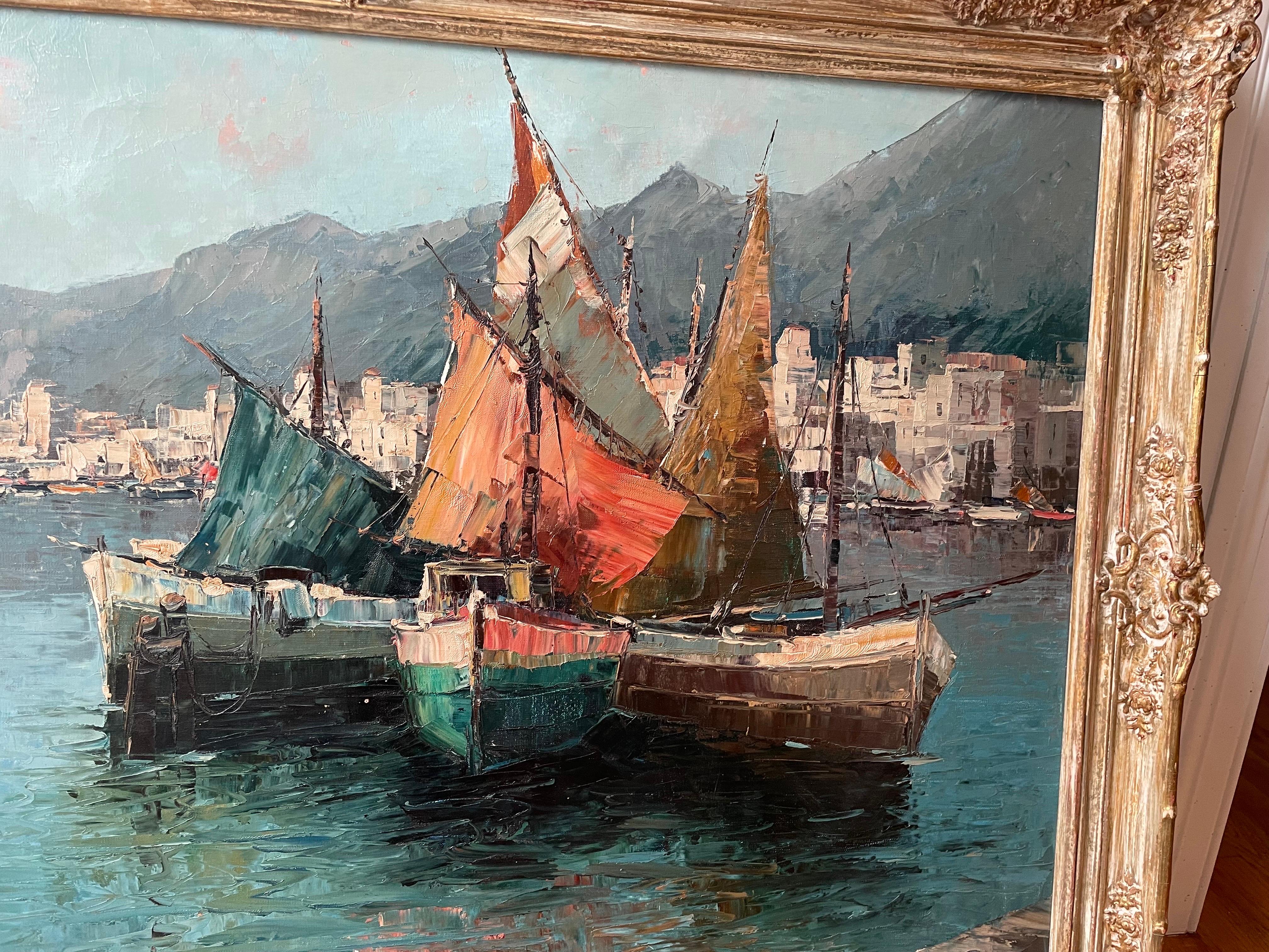 oil painting “Mediterranean Harbor” by Wolfgang Herzog. Newcomb Macklin frame In Good Condition For Sale In Winnetka, IL