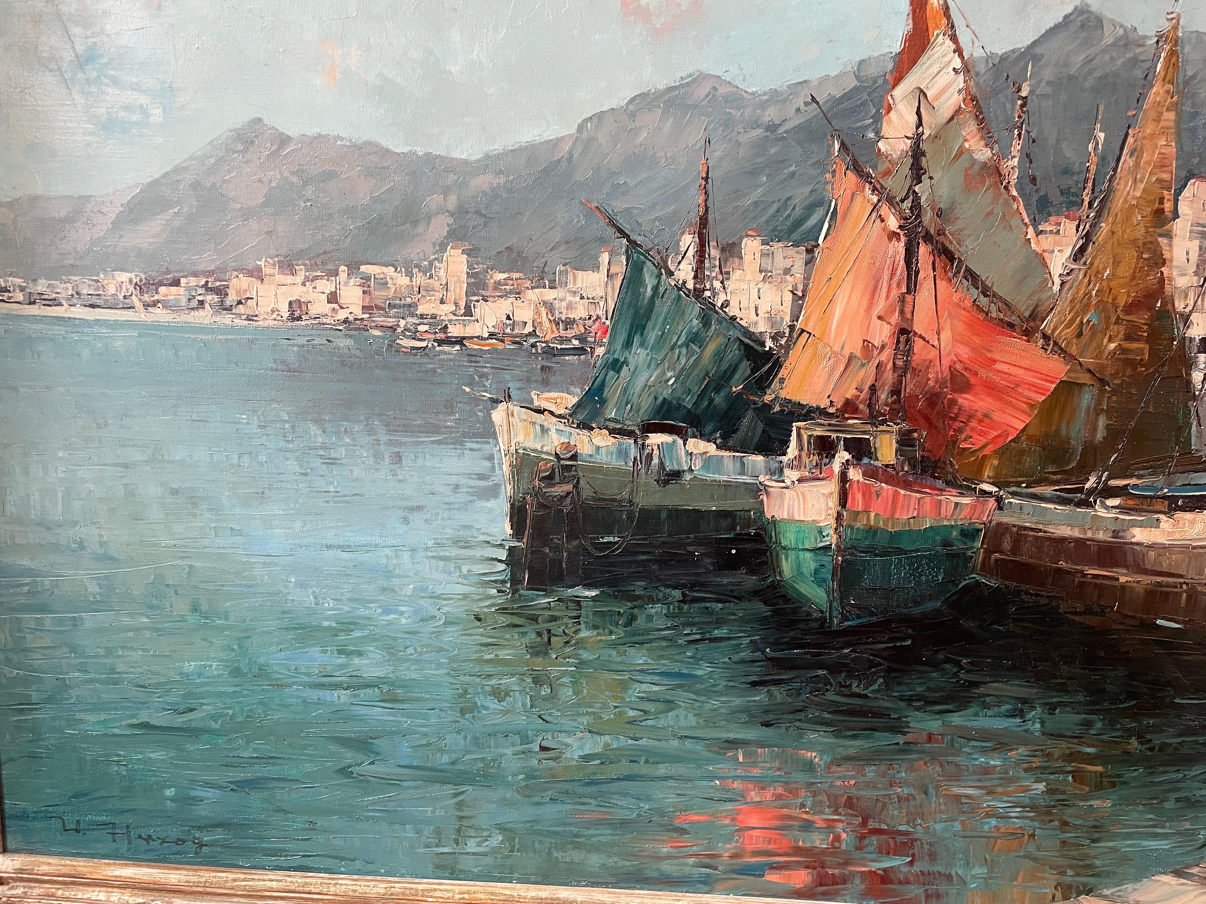20th Century oil painting “Mediterranean Harbor” by Wolfgang Herzog. Newcomb Macklin frame For Sale